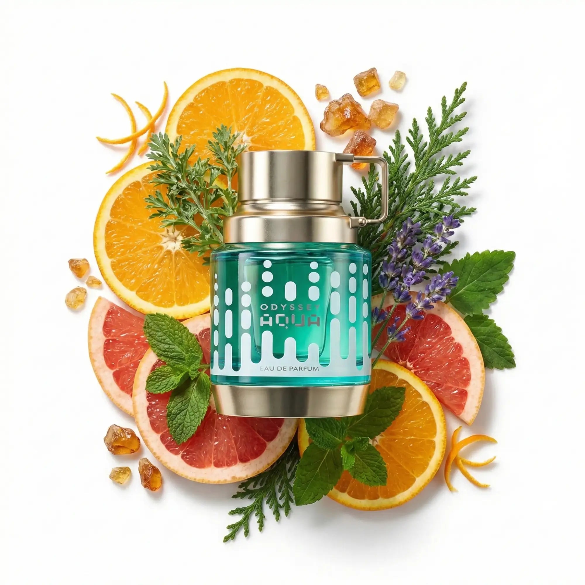 Odyssey Aqua Edition Armaf Eau de Parfum Para Hombre con fondo de ingredientes