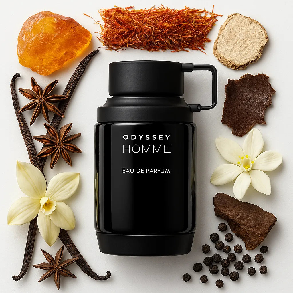 Odyssey Homme Armaf Eau de Parfum Para Hombre con fondo de ingredientes
