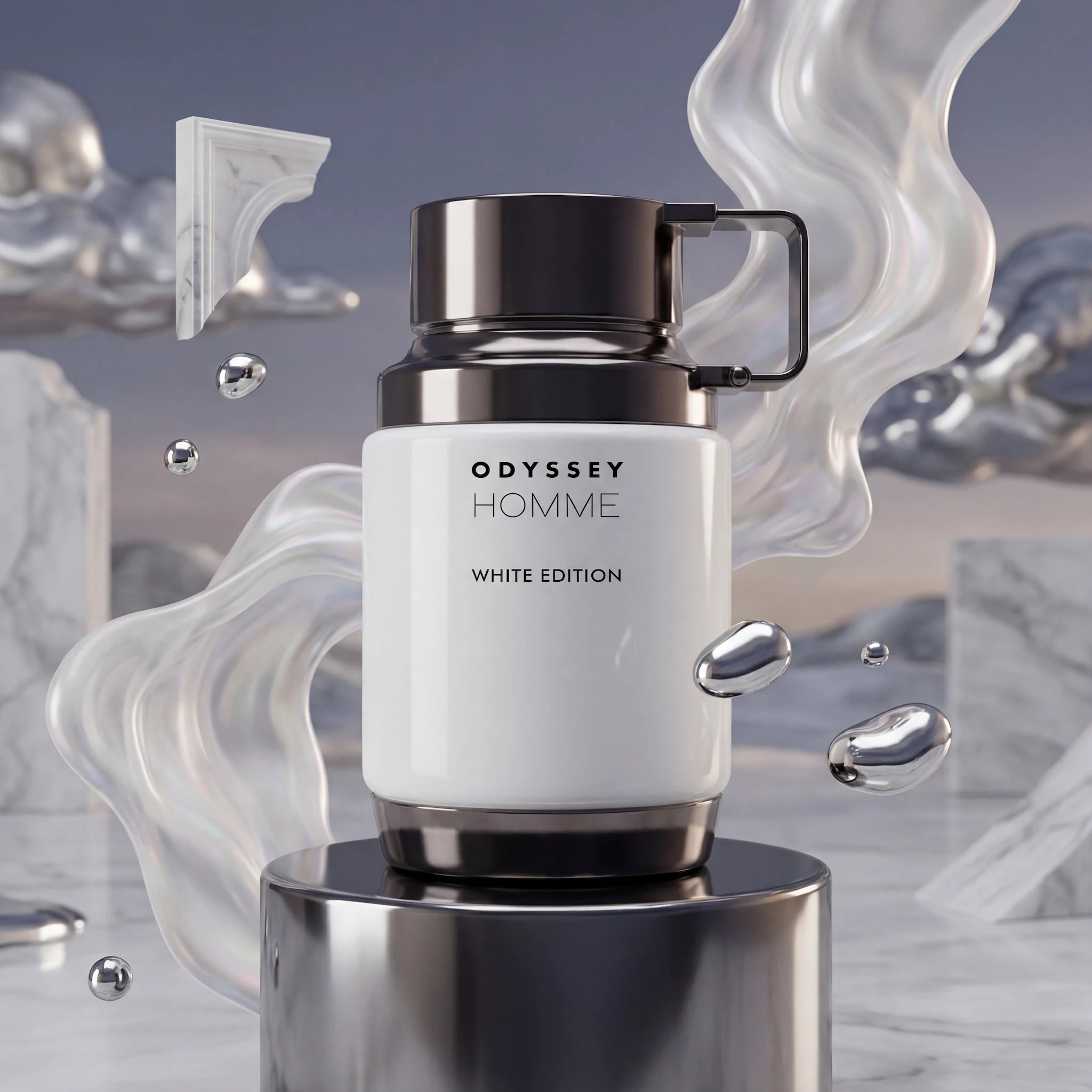 Odyssey Homme White Edition Armaf Eau de Parfum Para Hombre con fondo creativo de cuarzo