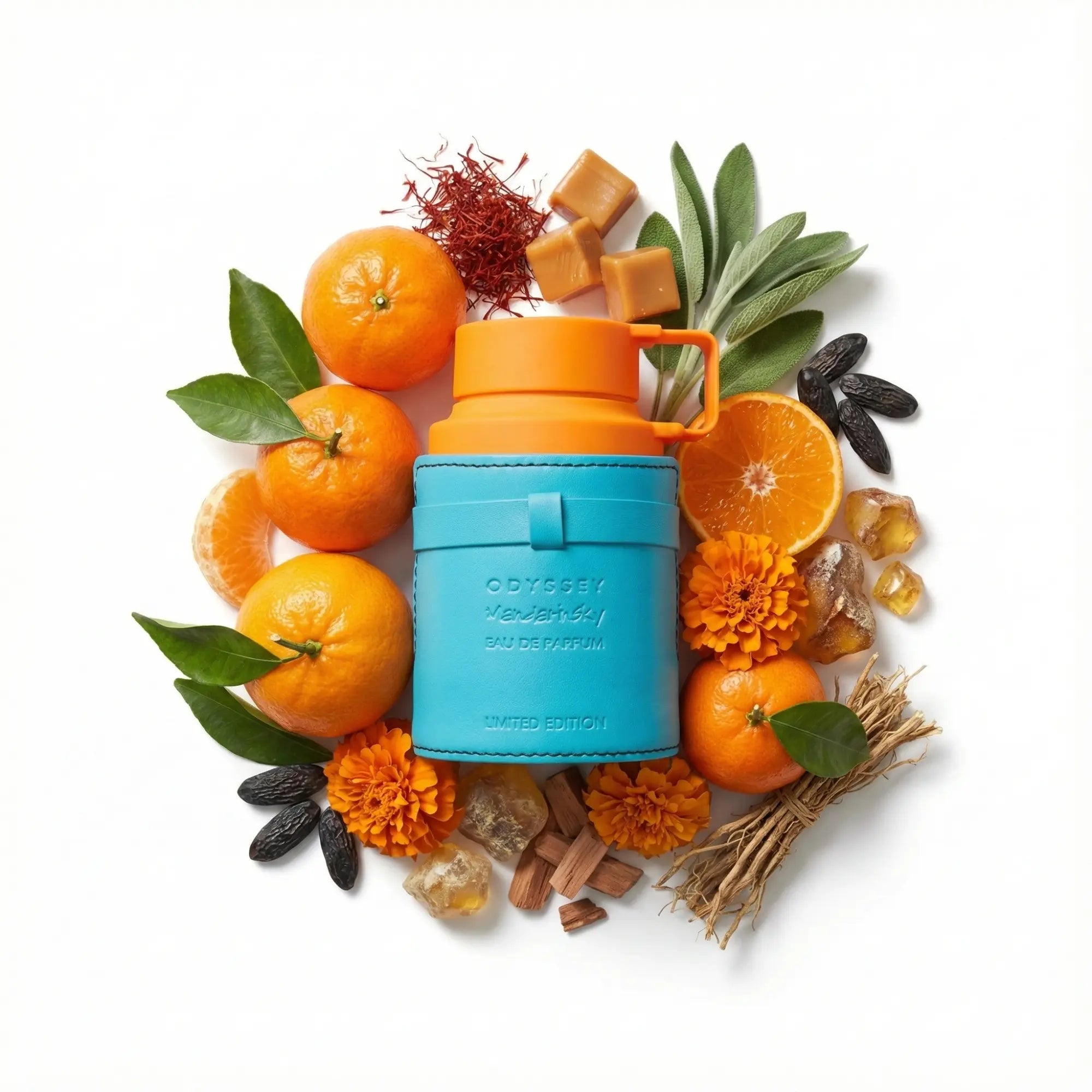 Odyssey Mandarin Sky Armaf Eau de Parfum Para Hombre con fondo de ingredientes