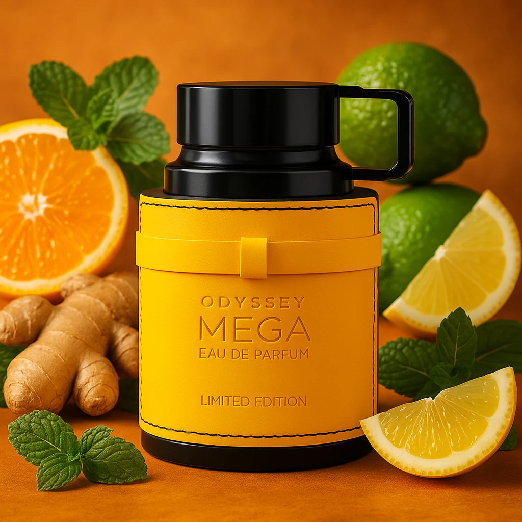 Odyssey Mega Armaf Eau de Parfum Para Hombre con fondo de frutas