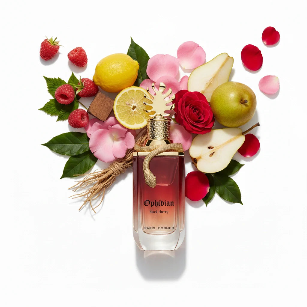 Ophidian Black Cherry Paris Corner Eau de Parfum Unisex con fondo de ingredientes