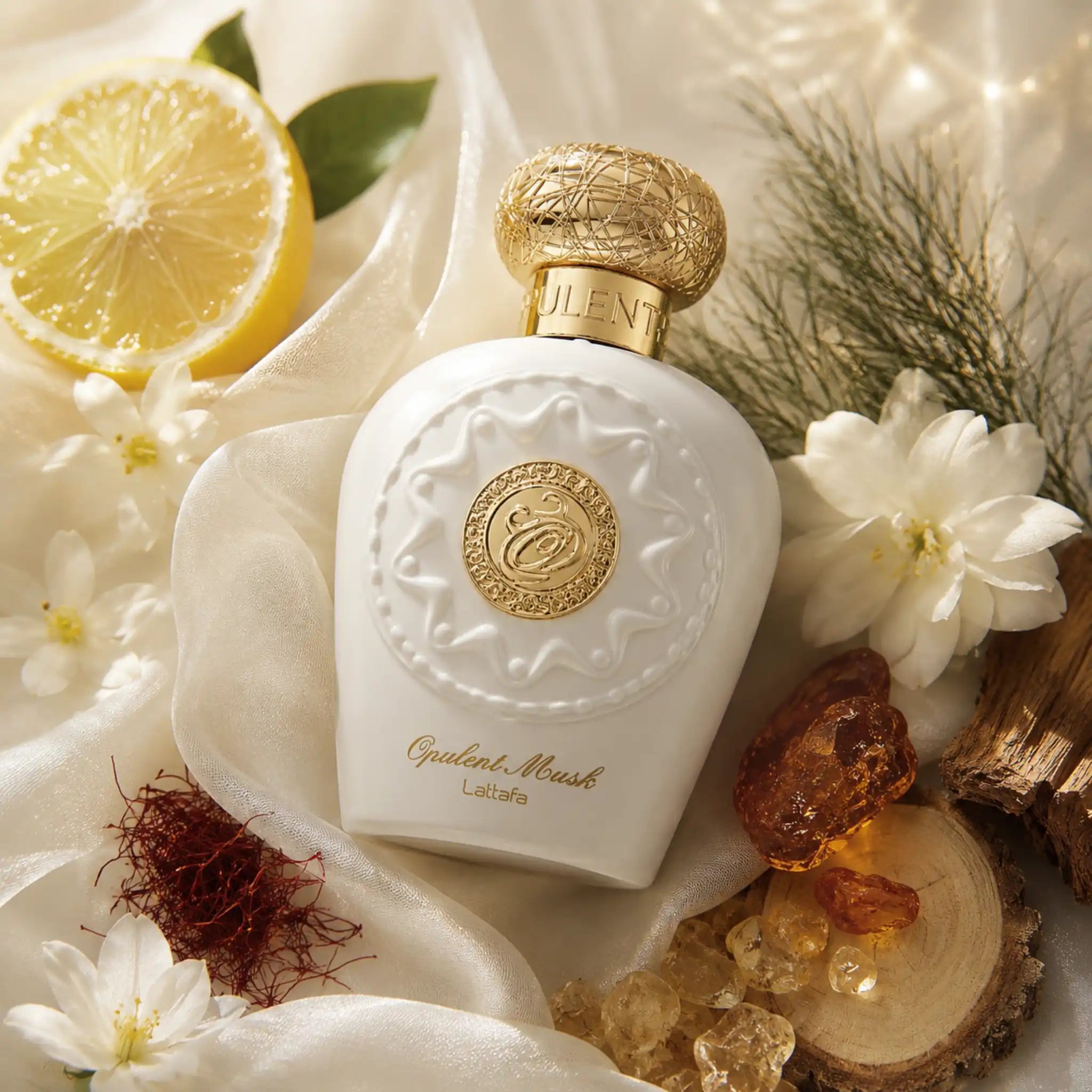 Opulent Musk Lattafa Eau de Parfum Para Mujer con fondo creativo con flores