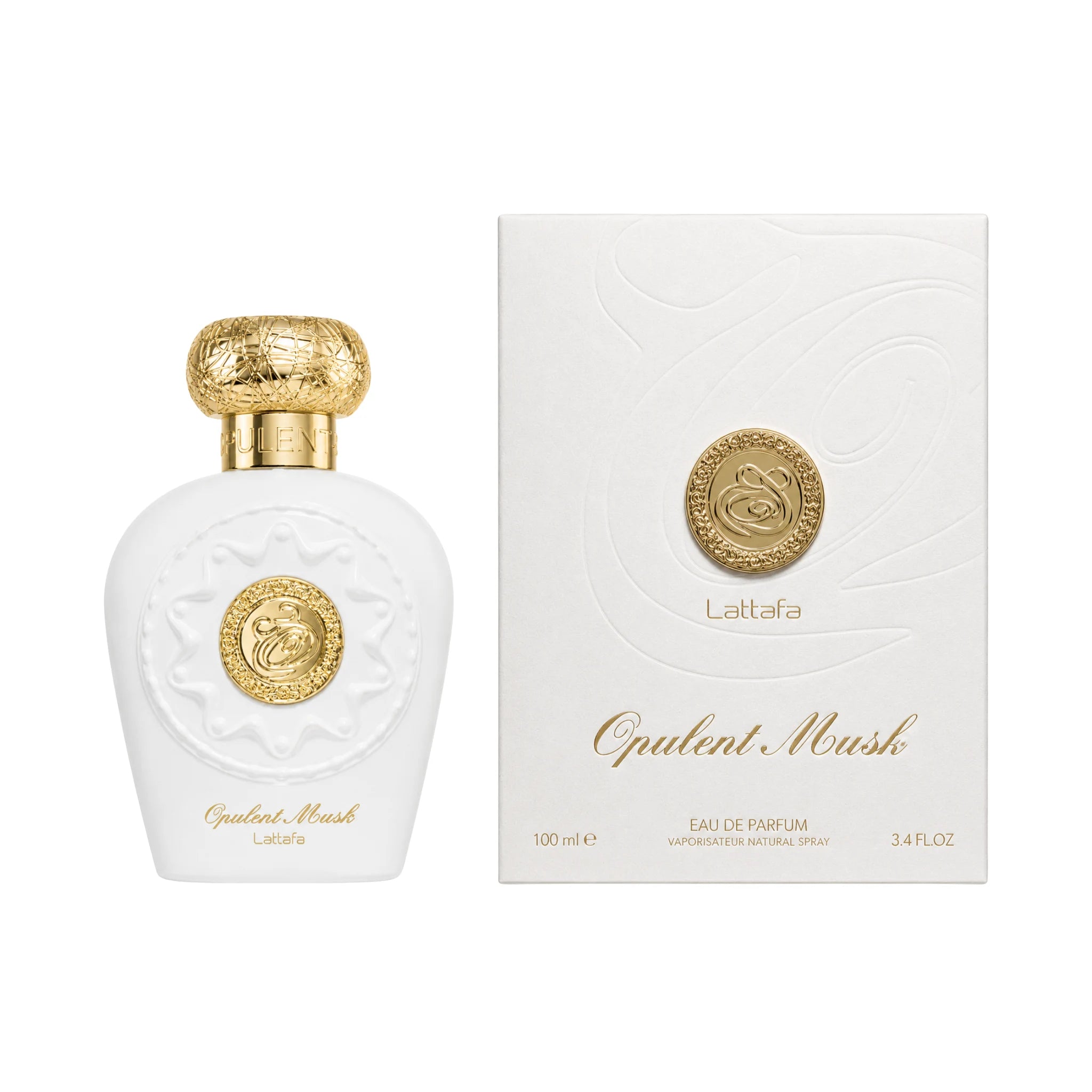 Frontal del Opulent Musk Lattafa Eau de Parfum Para Mujer con su caja
