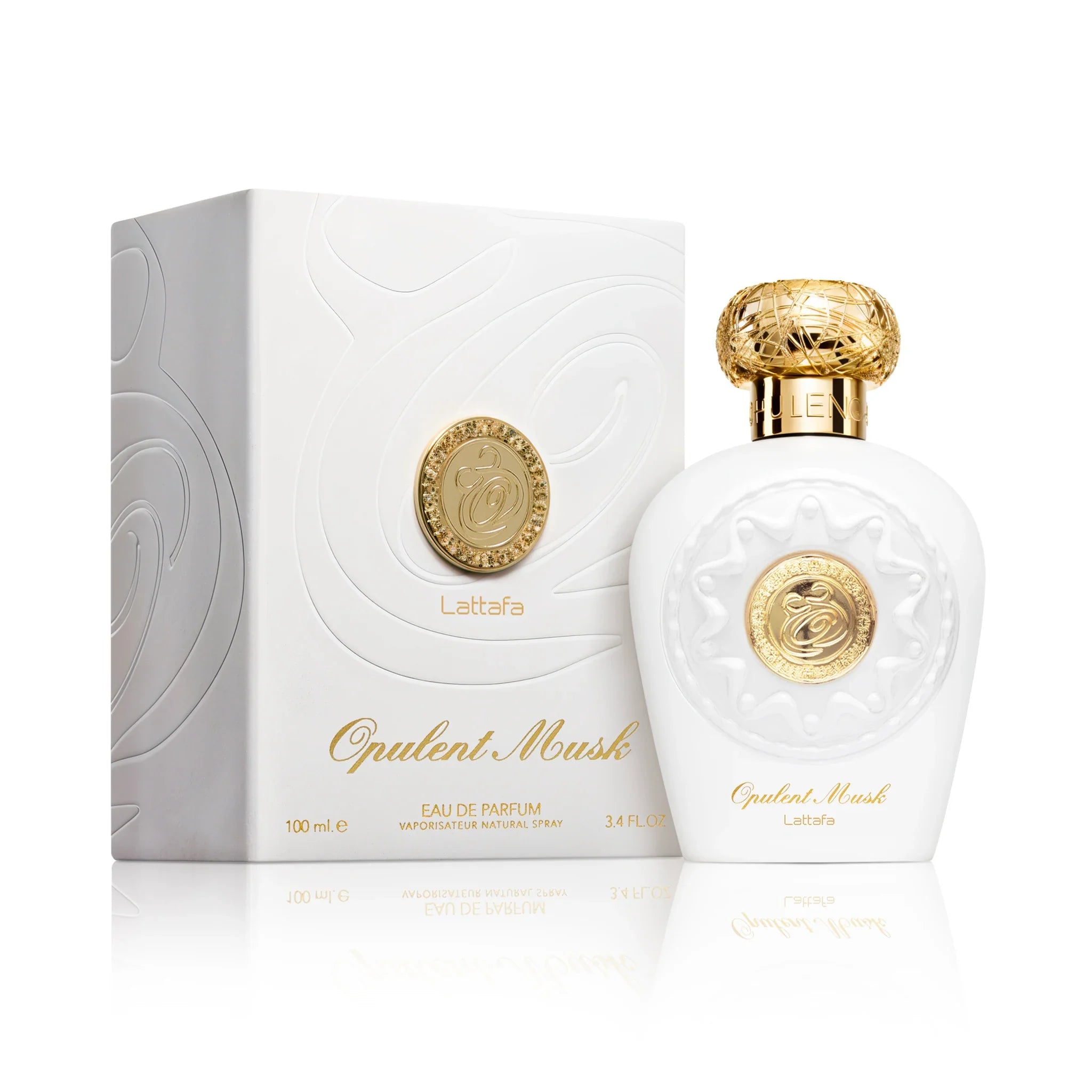 Frontal del Opulent Musk Lattafa Eau de Parfum Para Mujer con su caja