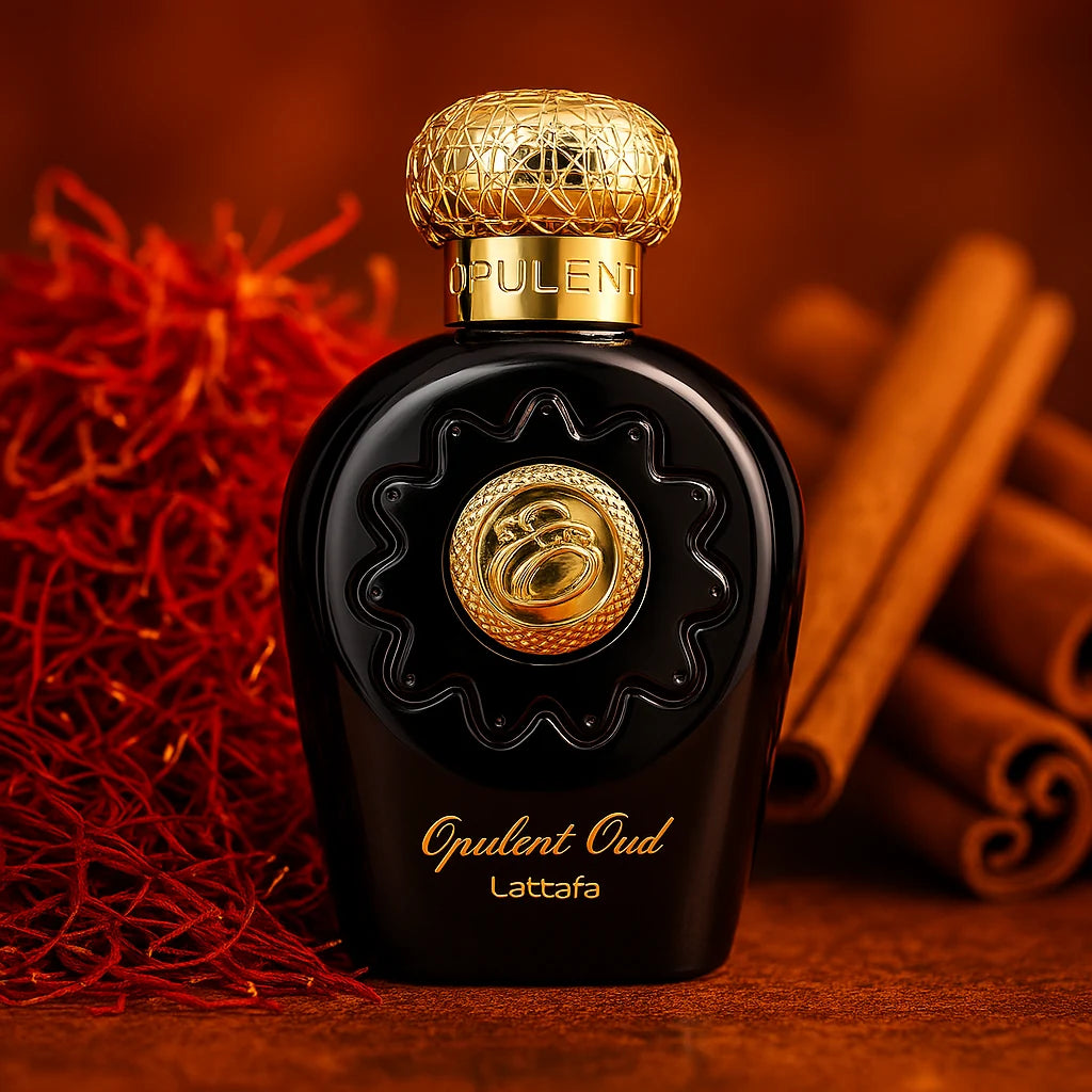 Opulent Oud Lattafa Eau de Parfum Unisex con fondo de canela