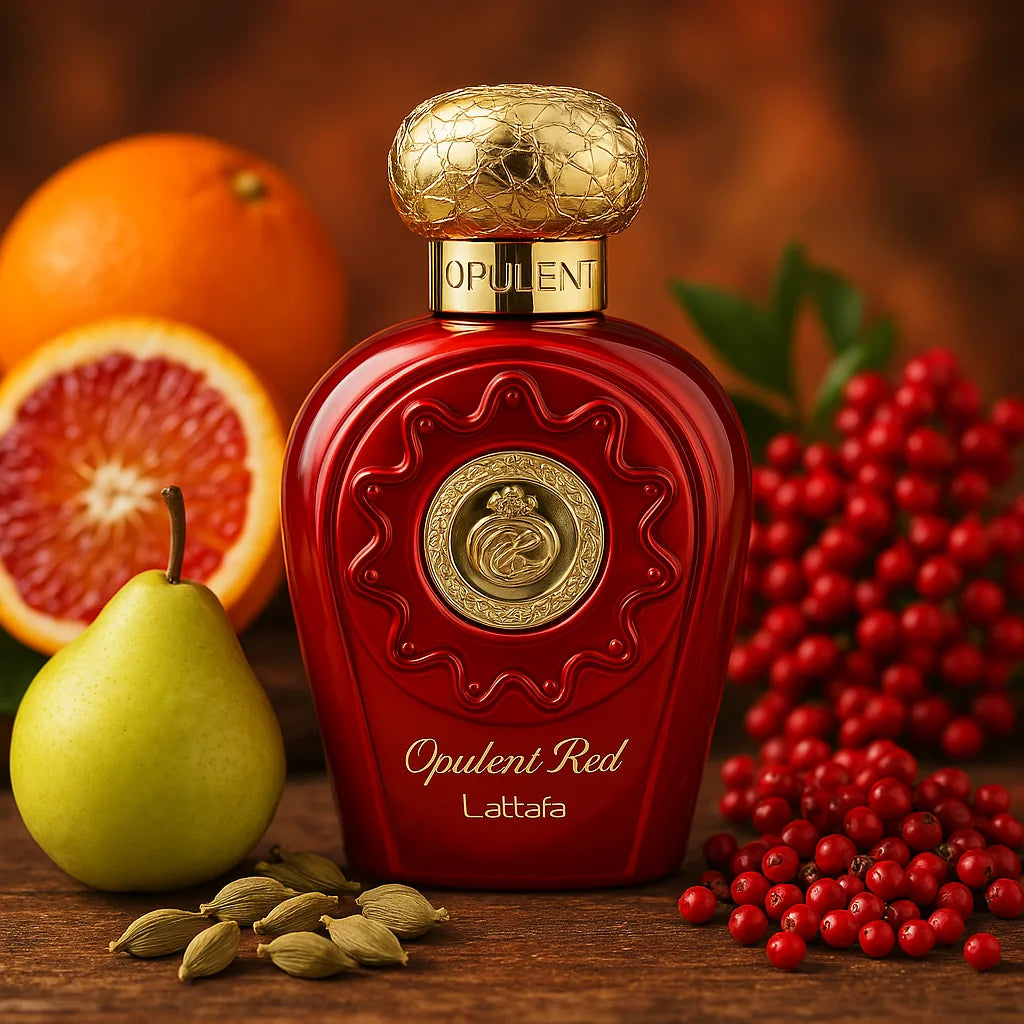 Opulent Red Lattafa Eau de Parfum Para Mujer con fondo de frutas