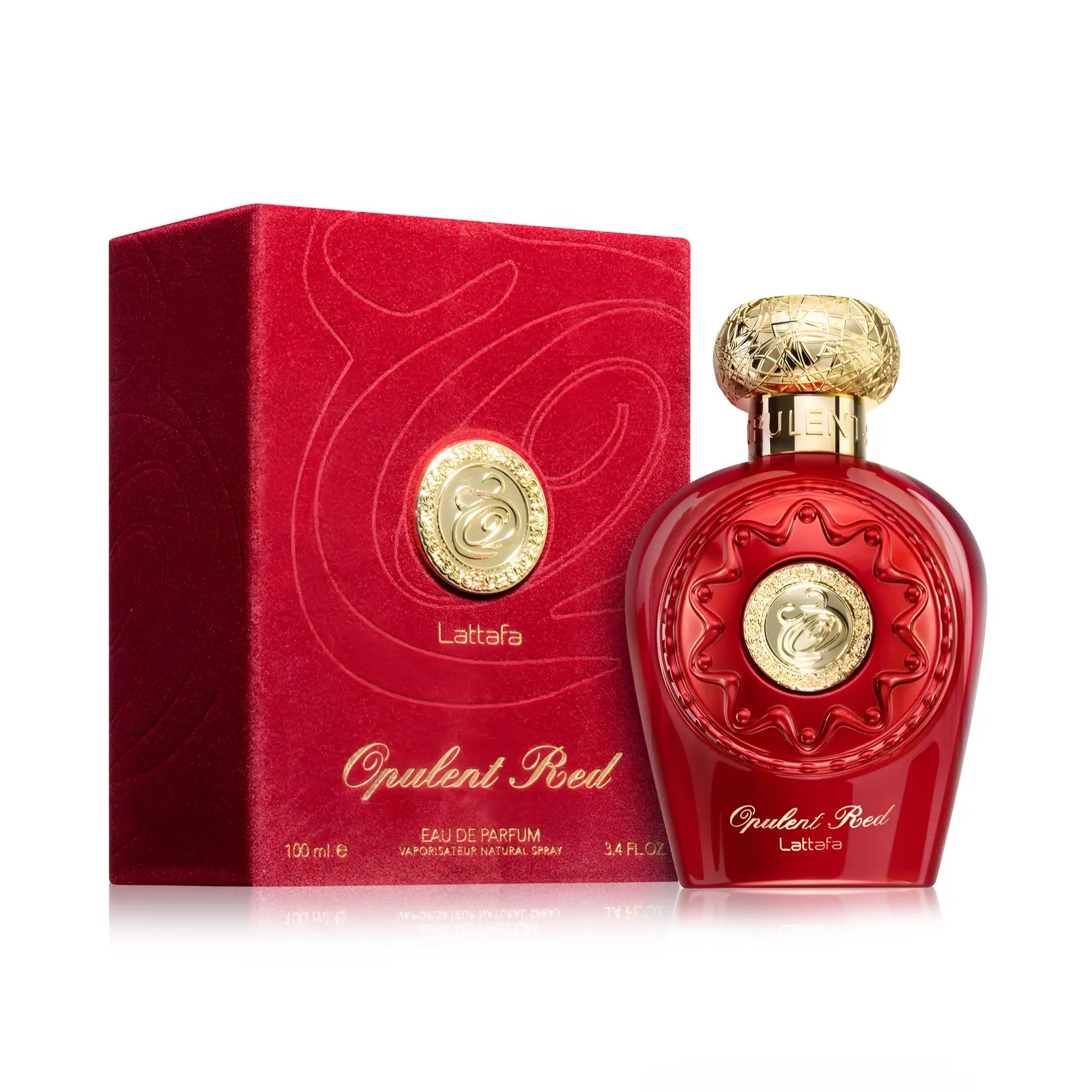 Frasco y caja del Opulent Red Lattafa Eau de Parfum Para Mujer