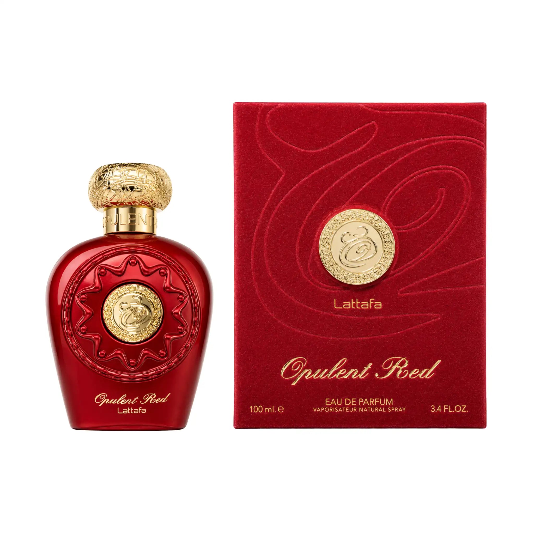 Frasco y caja del Opulent Red Lattafa Eau de Parfum Para Mujer