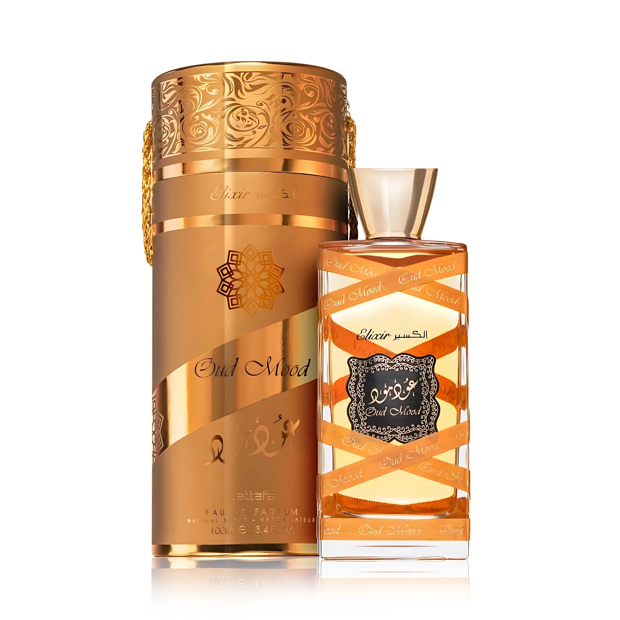 Frasco y caja del Oud Mood Elixir Lattafa Eau de Parfum Unisex