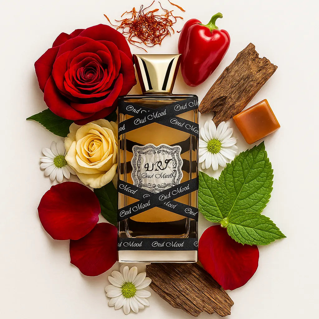 Oud_Mood_Lattafa_Eau_de_Parfum_Unisex_Fondo_Blanco_Rosa_Azafran_Pimiento_Madera_Caramelo_Flores_Pachuli
