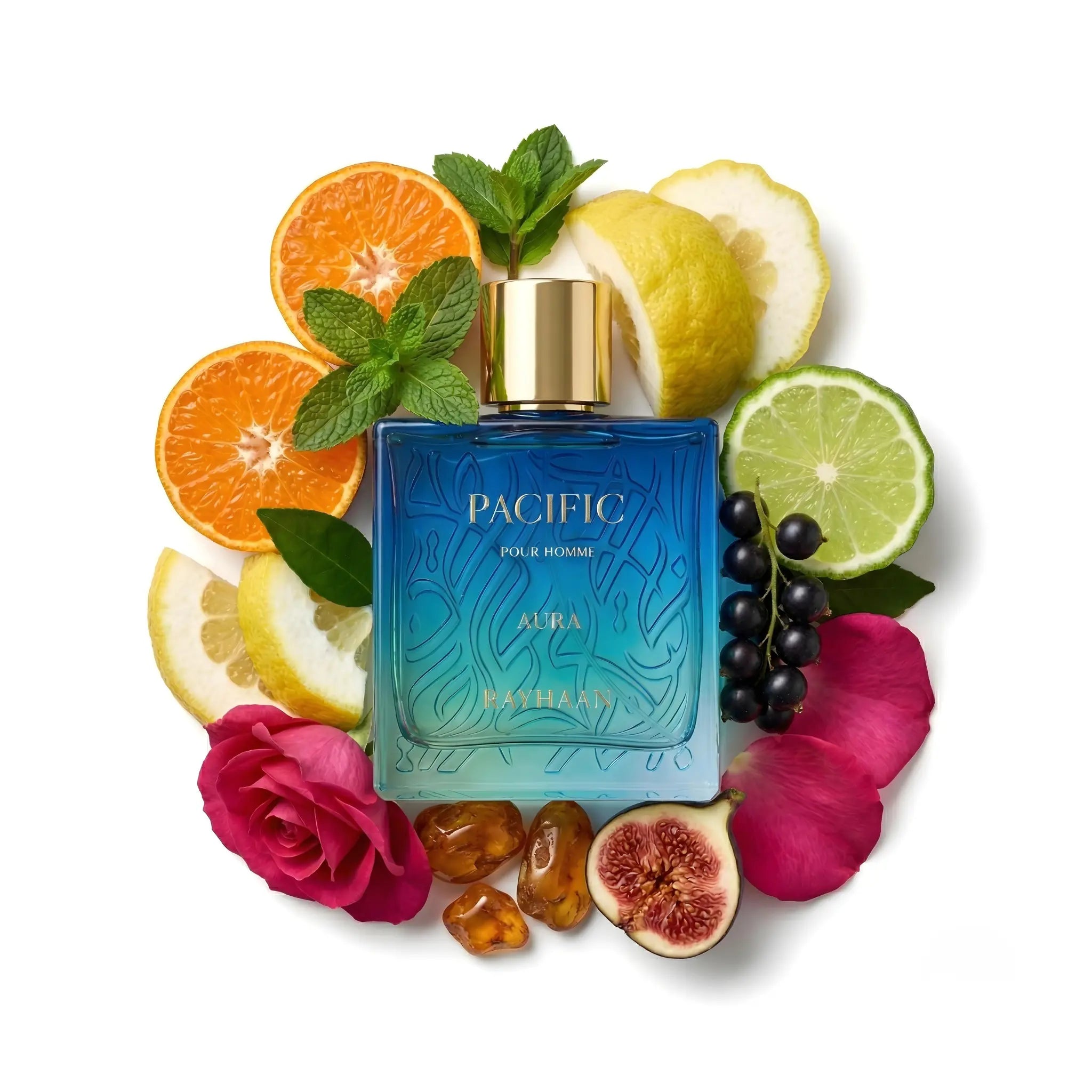 Pacific Aura Rayhaan Eau de Parfum Para Hombre con fondo de ingredientes
