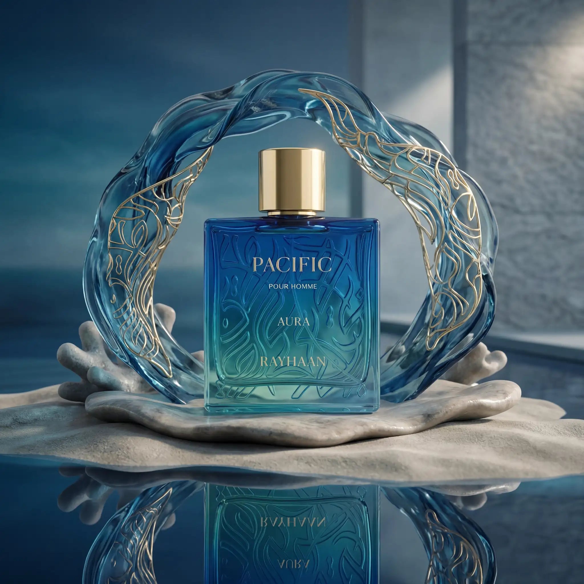Pacific Aura Rayhaan Eau de Parfum Para Hombre con fondo creativo de mar