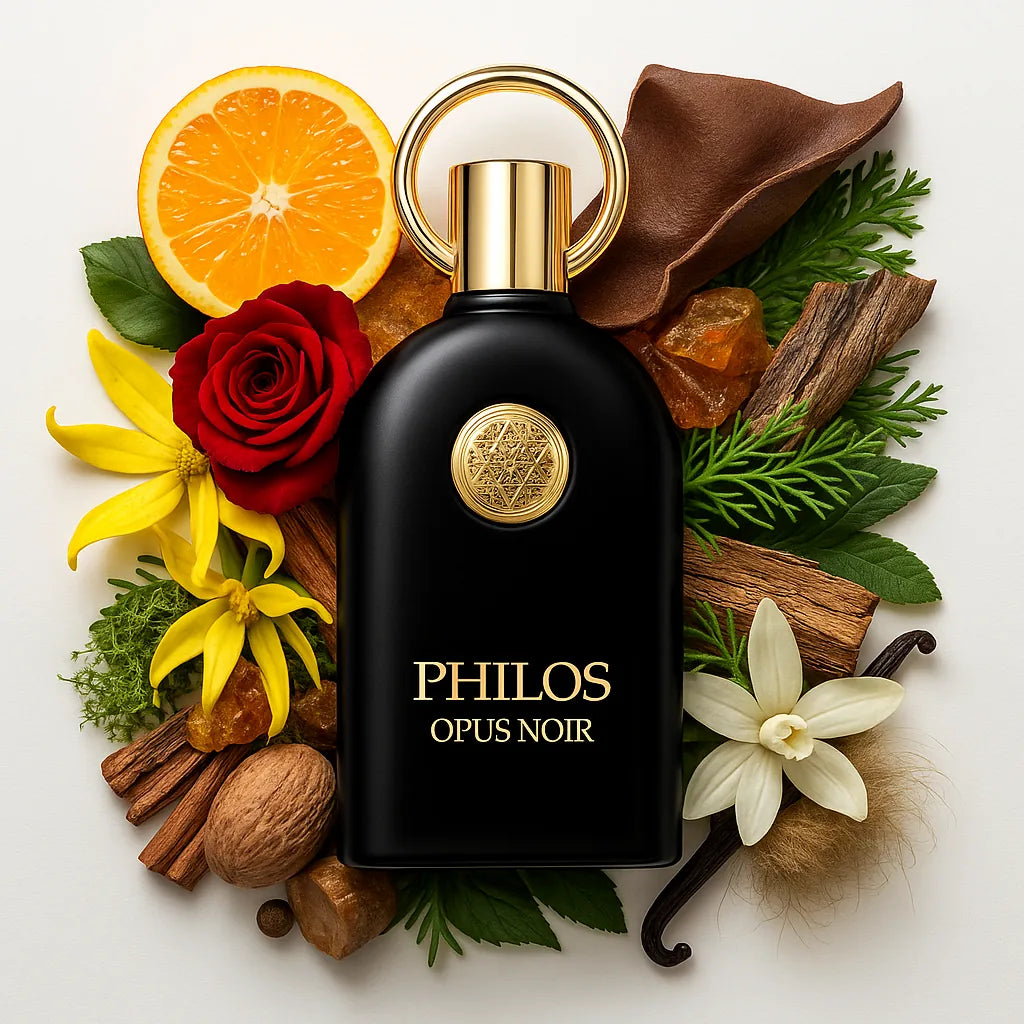 Philos_Opus_Noir_Maison_Alhambra_Eau_de_Parfum_Unisex_Fondo_Blanco_Cuero_Ambar