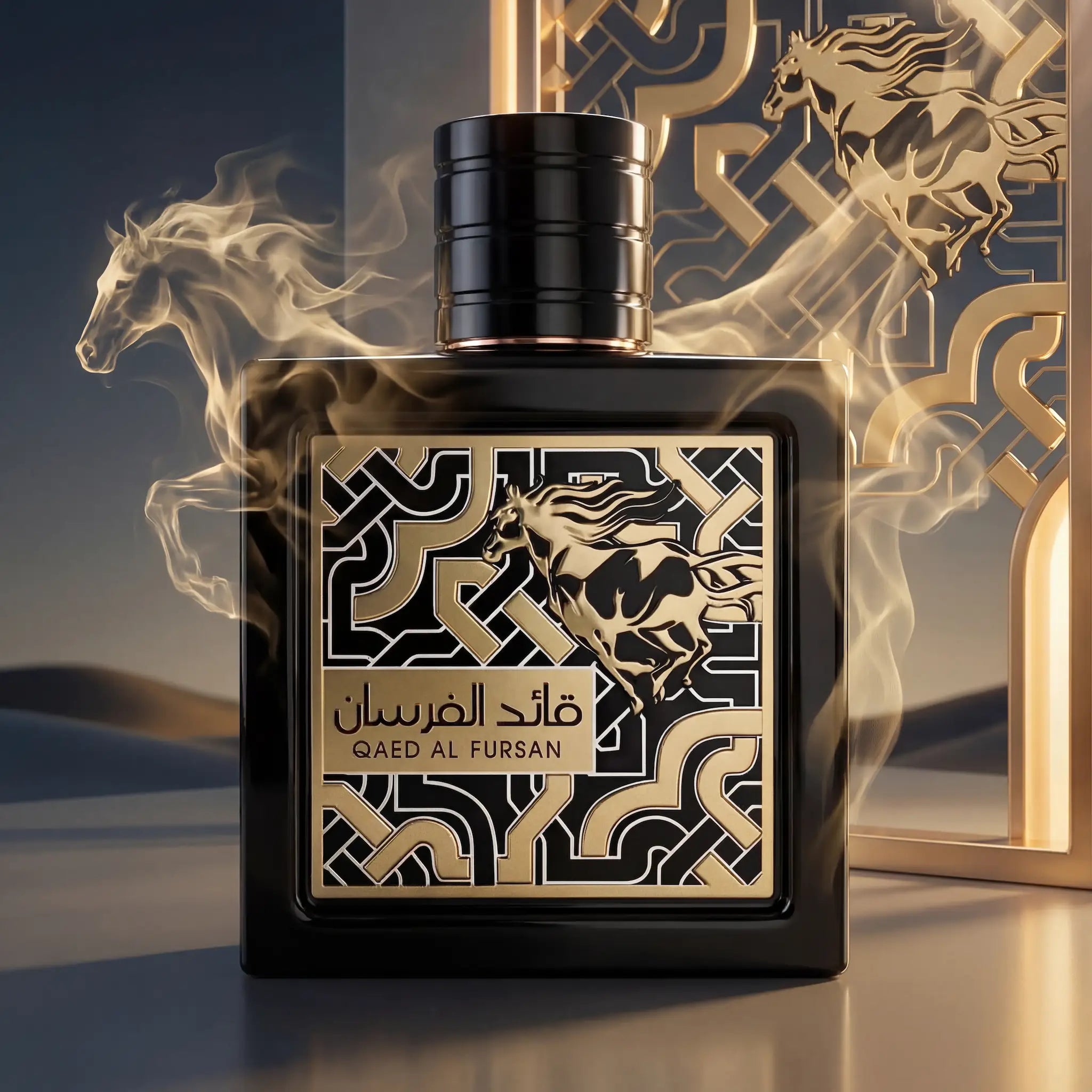 Qaed Al Fursan Lattafa Eau de Parfum Unisex con fondo creativo de caballos