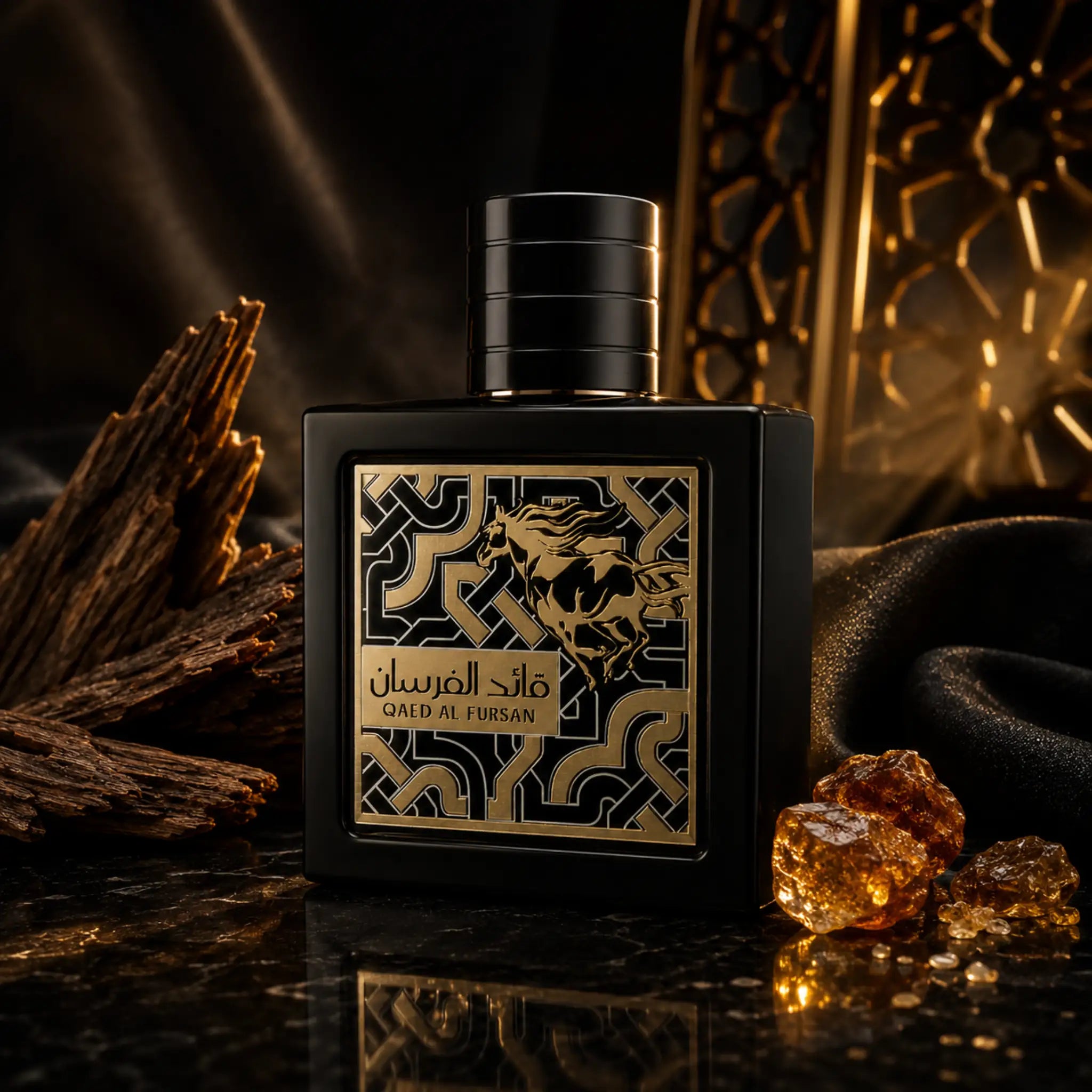 Qaed Al Fursan Lattafa Eau de Parfum Unisex con fondo creativo de caballos