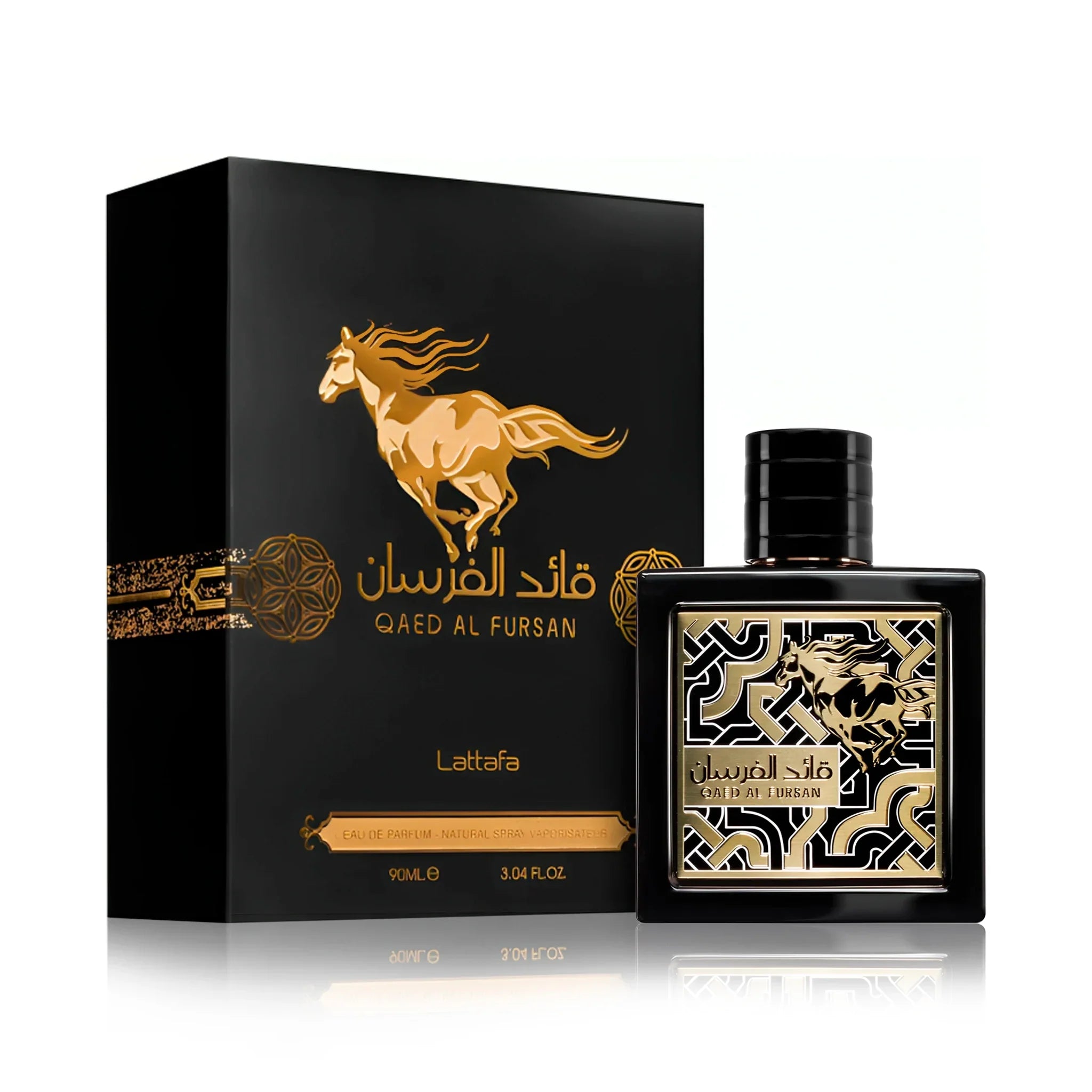 Frontal del Qaed Al Fursan Lattafa Eau de Parfum Unisex con su caja