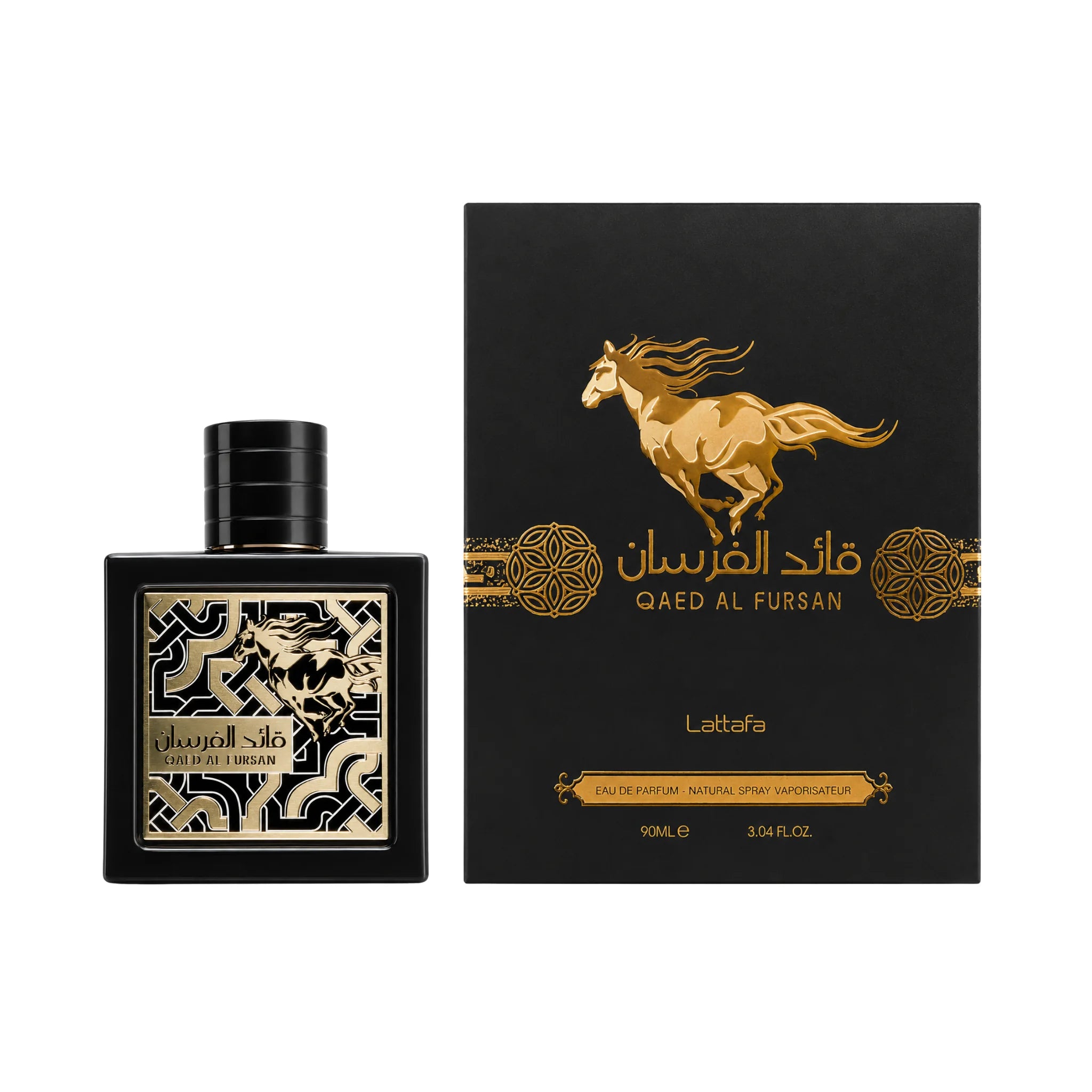 Frontal del Qaed Al Fursan Lattafa Eau de Parfum Unisex con su caja