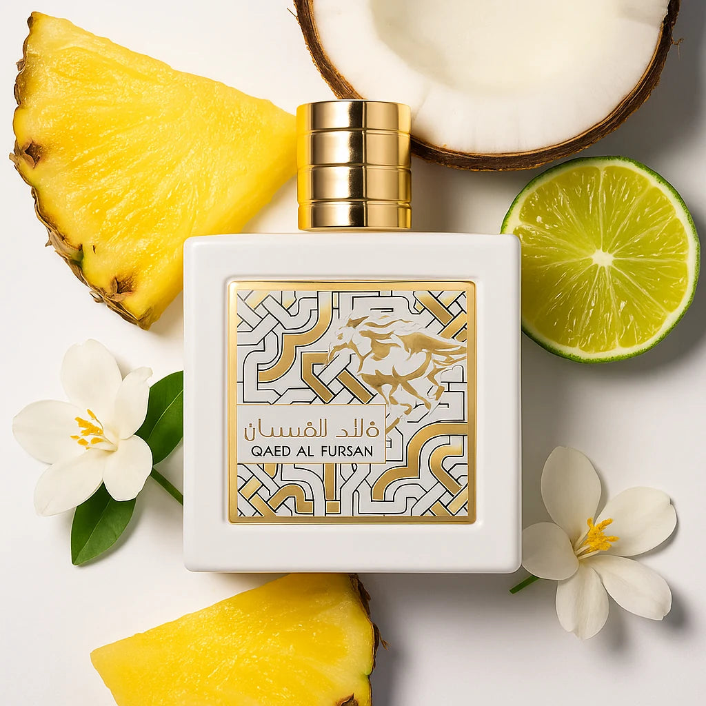 Qaed_Al_Fursan_Unlimited_Lattafa_Eau_de_Parfum_Unisex_fondo_blanco_Coco_Citricos_Piña_Jazmin