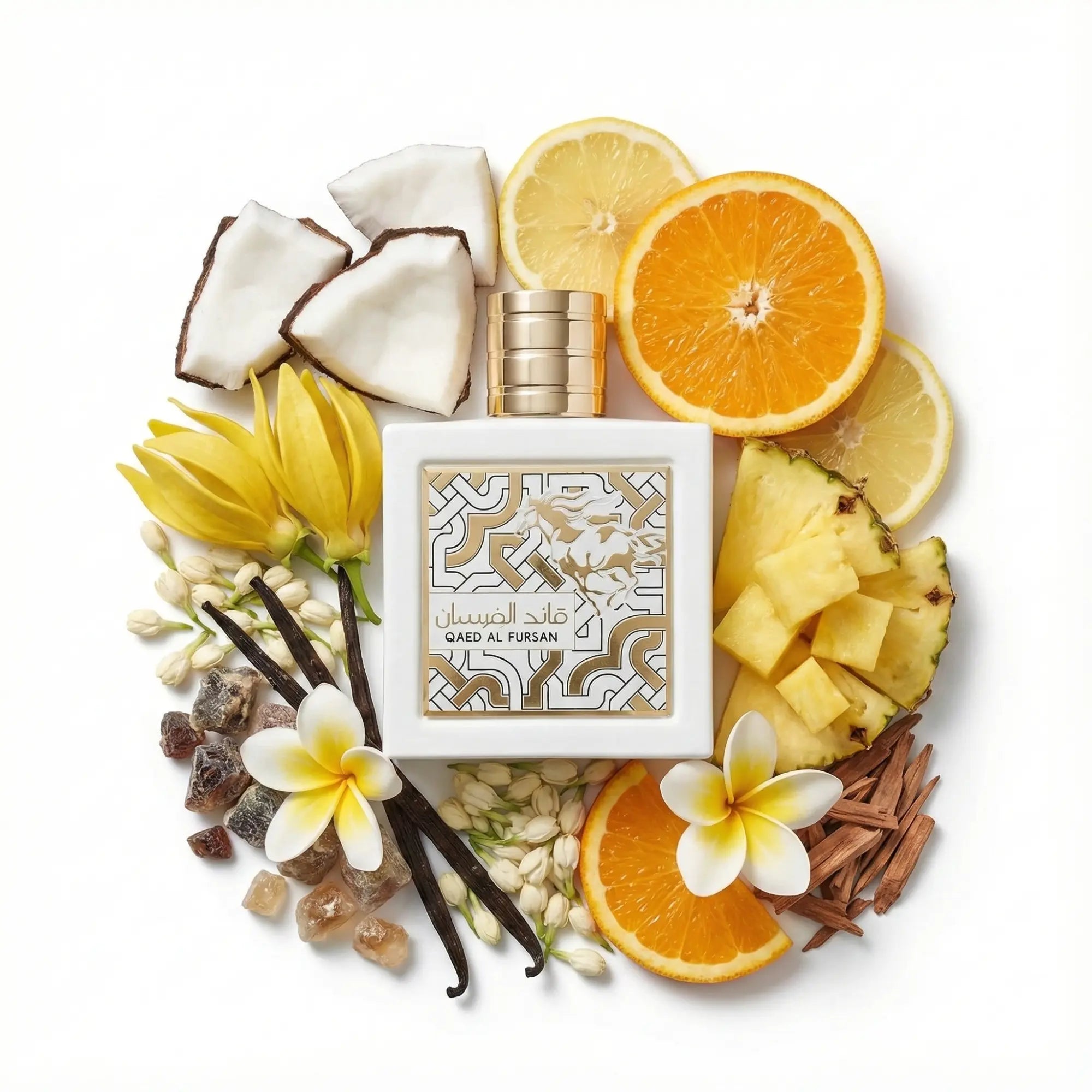 Qaed_Al_Fursan_Unlimited_Lattafa_Eau_de_Parfum_Unisex_fondo_blanco_Coco_Citricos_Piña_Jazmin