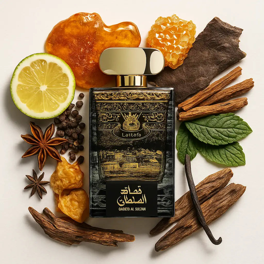 Qasaed_Al_Sultan_Lattafa_Eau_de_Parfum_Unisex_Fondo_Blanco_Madera_Ambar
