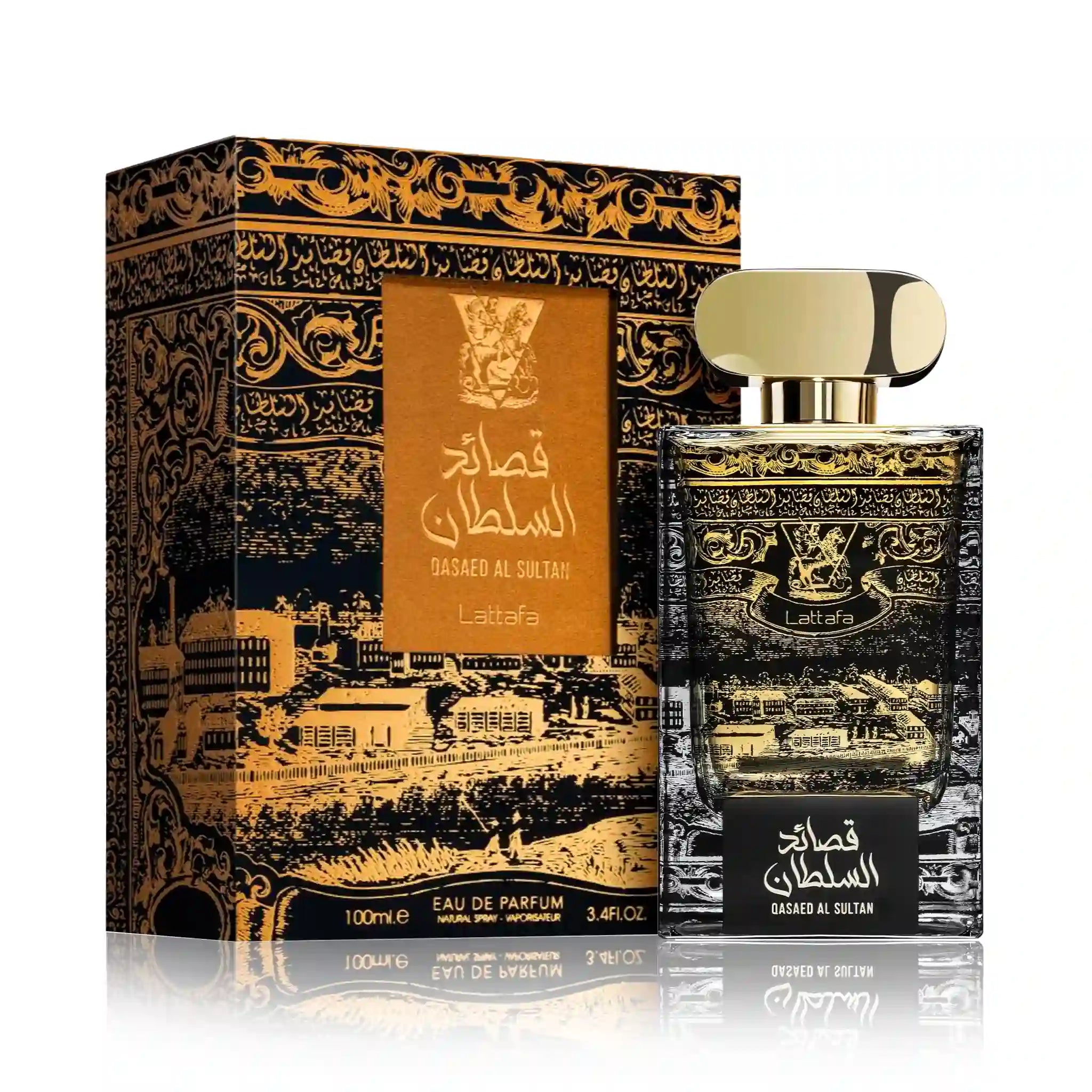 Frontal del Qasaed Al Sultan Lattafa Eau de Parfum Unisex con su caja