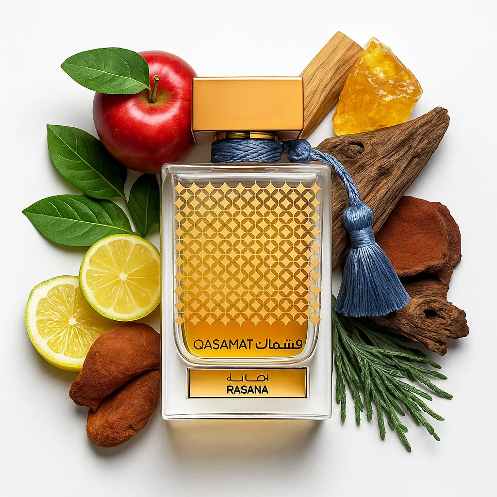 Qasamat_Rasana_Rasasi_Eau_de_Parfum_Unisex_Fondo_Blanco_Manzana_Bergamota_Limon_Cipriol_Cuero_Sandalo_Almizcle_Madera