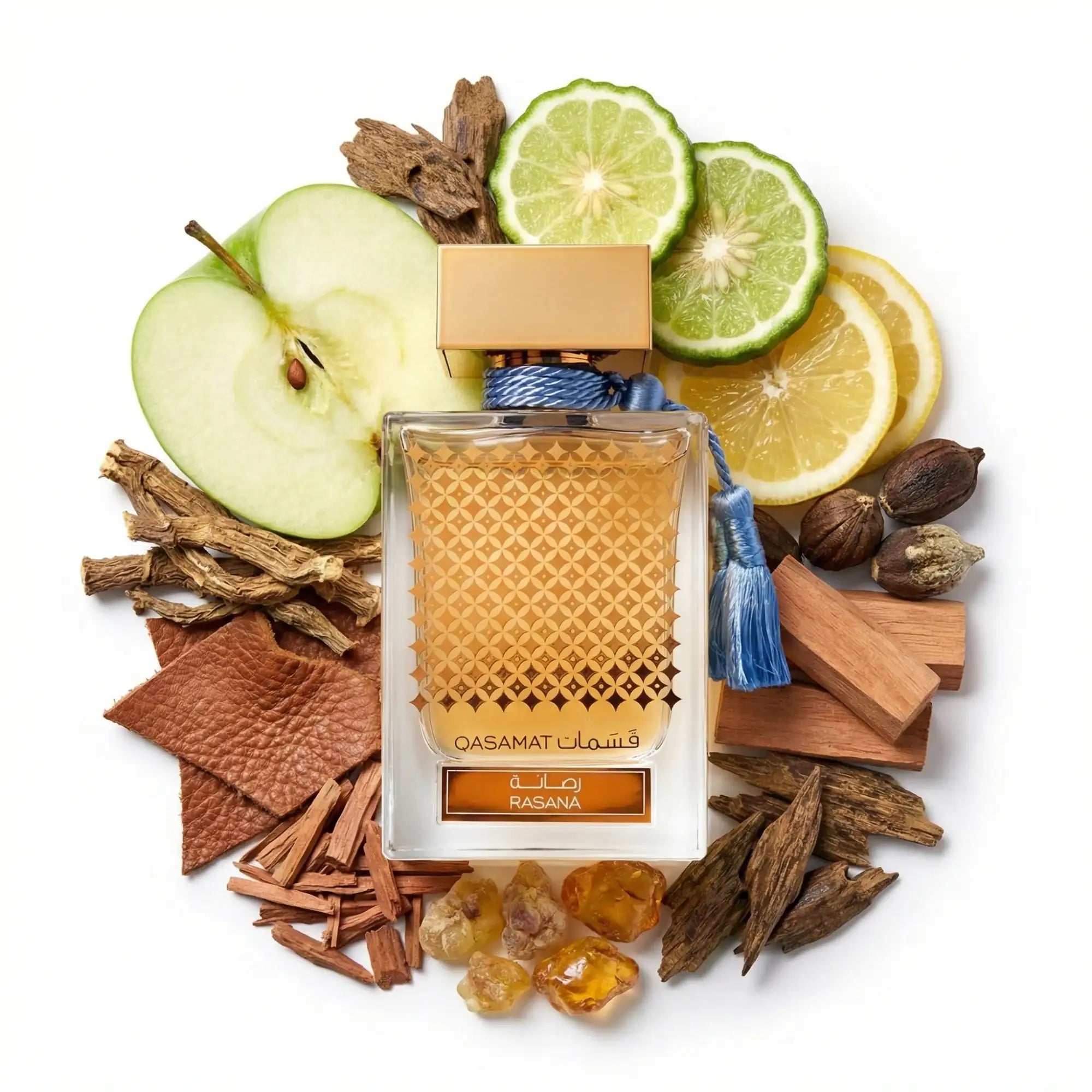 Qasamat_Rasana_Rasasi_Eau_de_Parfum_Unisex_Fondo_Blanco_Manzana_Bergamota_Limon_Cipriol_Cuero_Sandalo_Almizcle_Madera