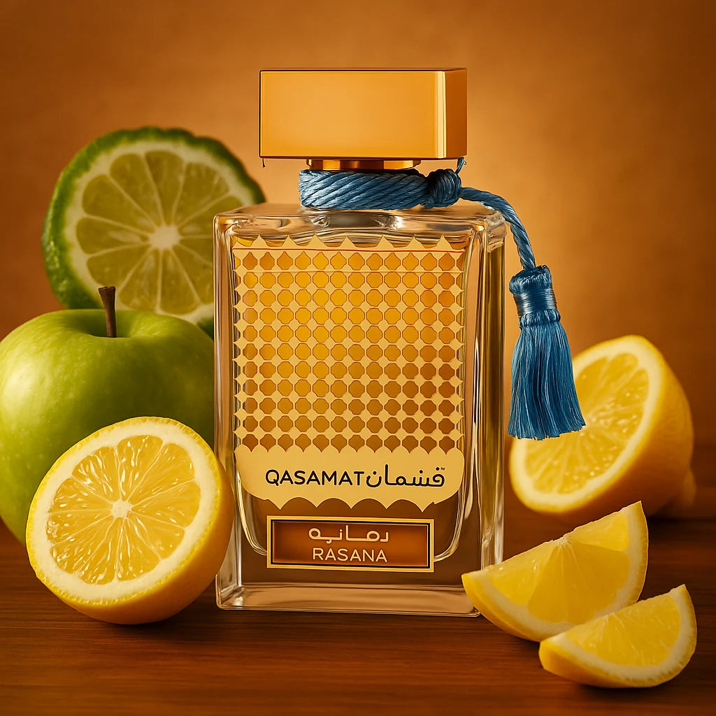 Qasamat Rasana Rasasi Eau de Parfum Unisex con fondo de limón y manzana