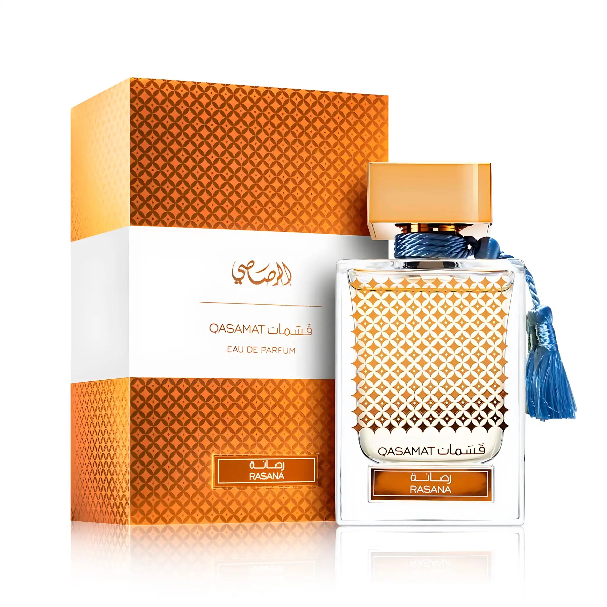 Qasamat Rasana Rasasi Eau de Parfum Unisex con su caja