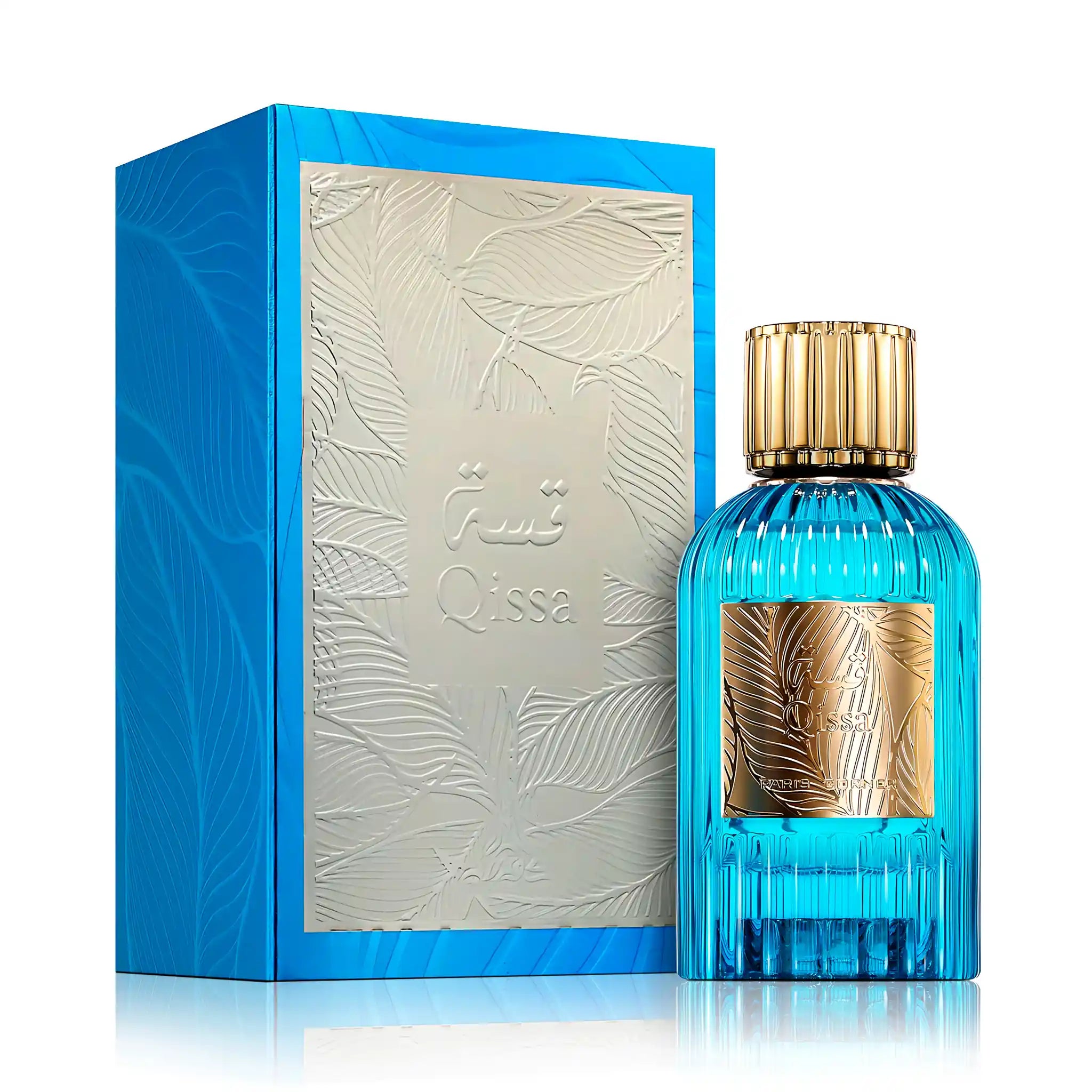 Frasco y caja de Qissa Blue Paris Corner Eau de Parfum Unisex