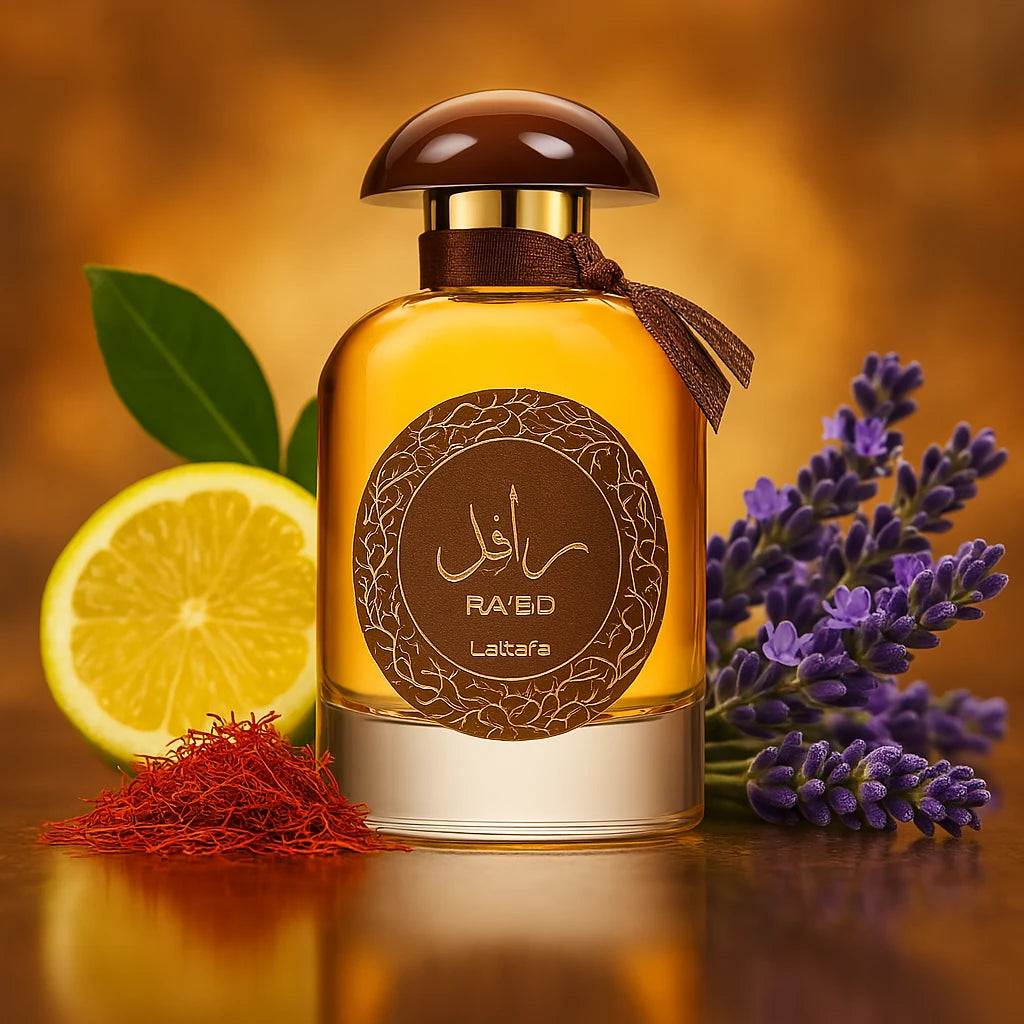 Ra'ed Oud Lattafa Eau de Parfum Para Hombre con fondo de limón y plantas