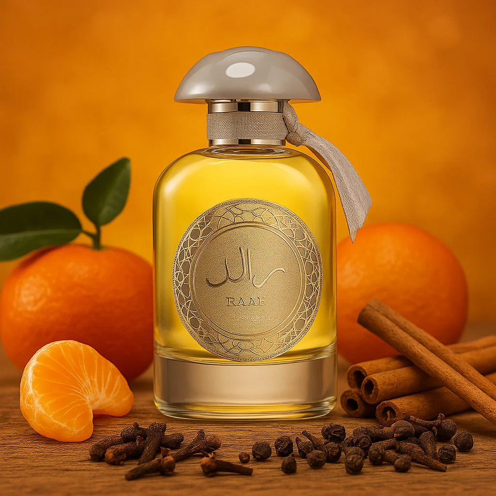 Ra'ed Silver Lattafa Eau de Parfum Para Hombre con fondo de canela