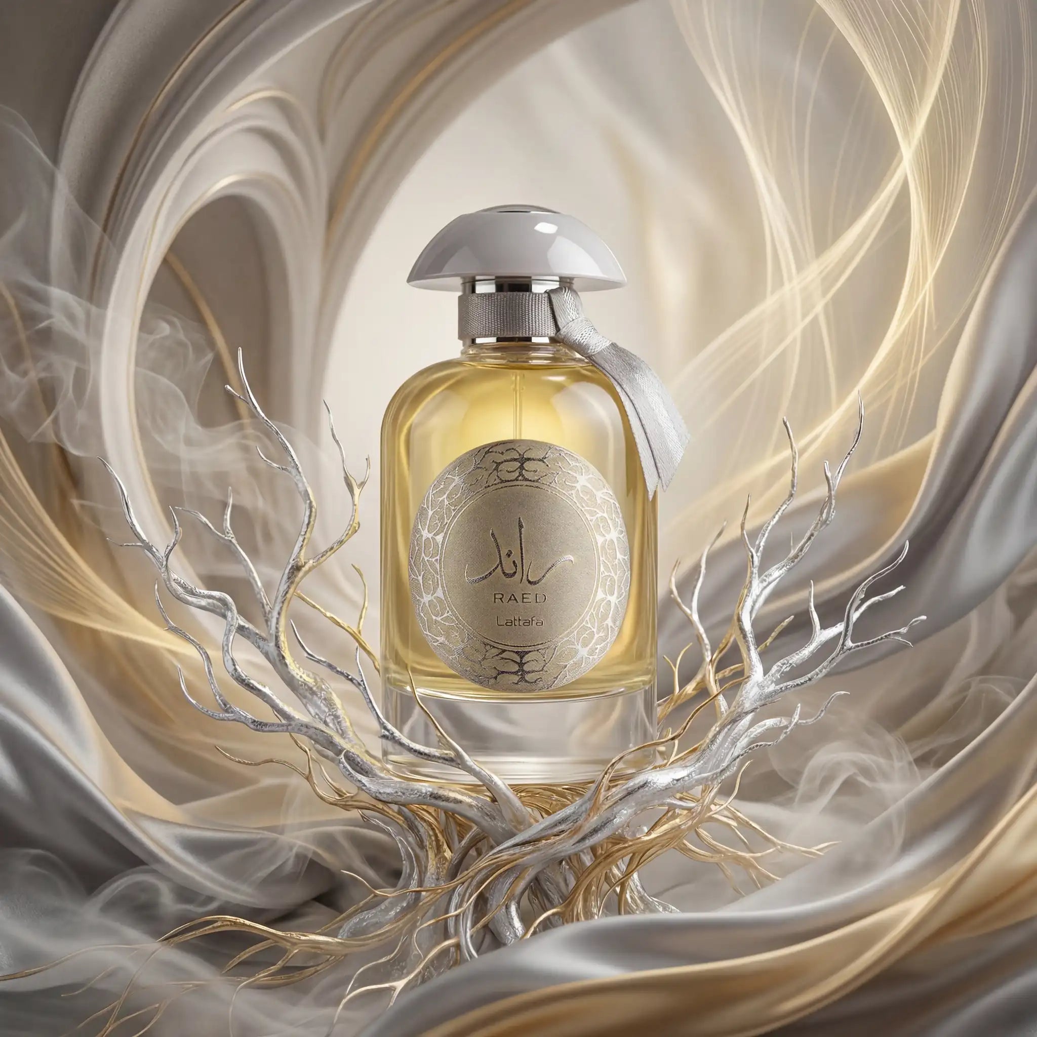 Ra ed Silver Lattafa Eau de Parfum Para Hombre con fondo creativo de ramas doradas y plateadas