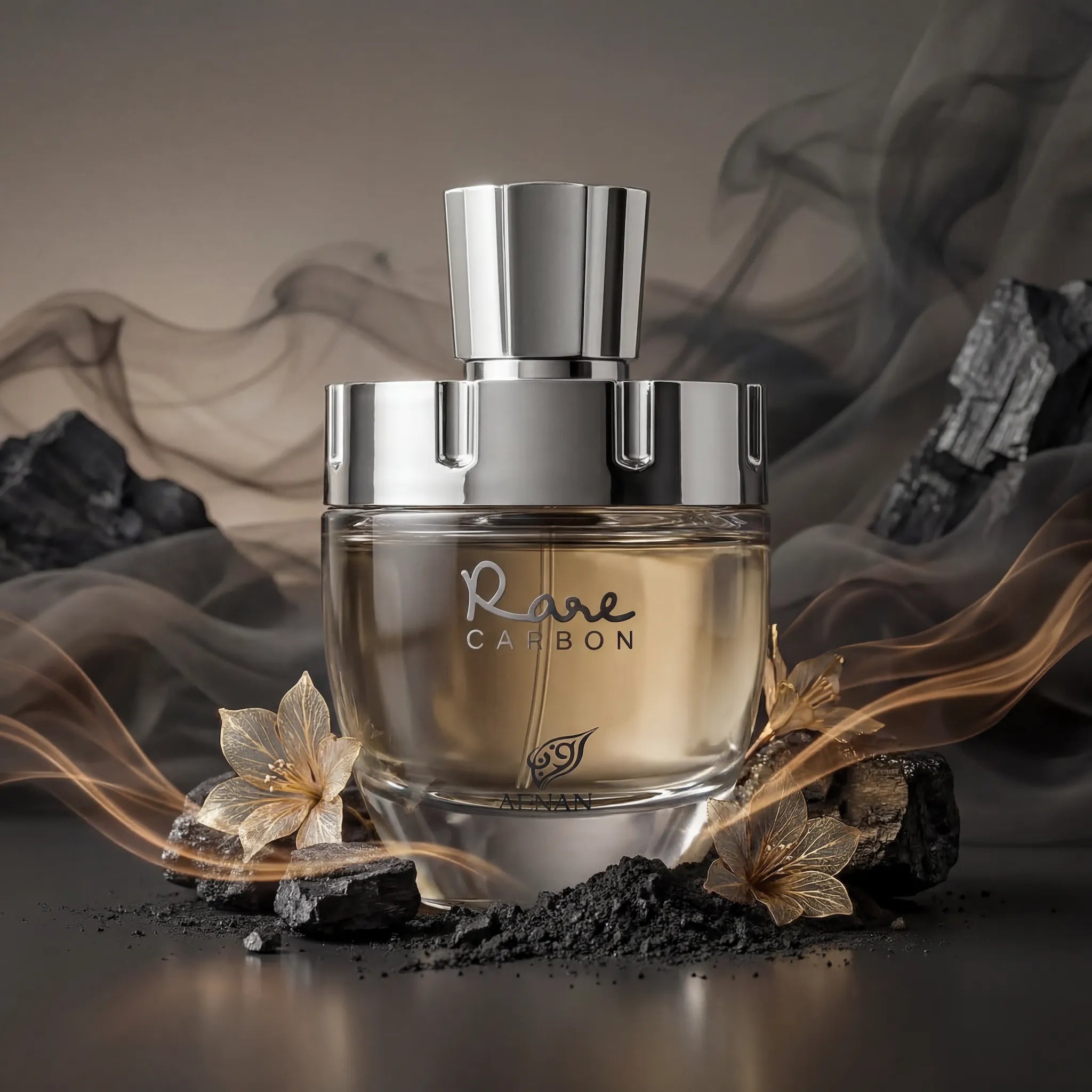 Rare Carbon Afnan Eau de Parfum Para Hombre con fondo creativo de carbon