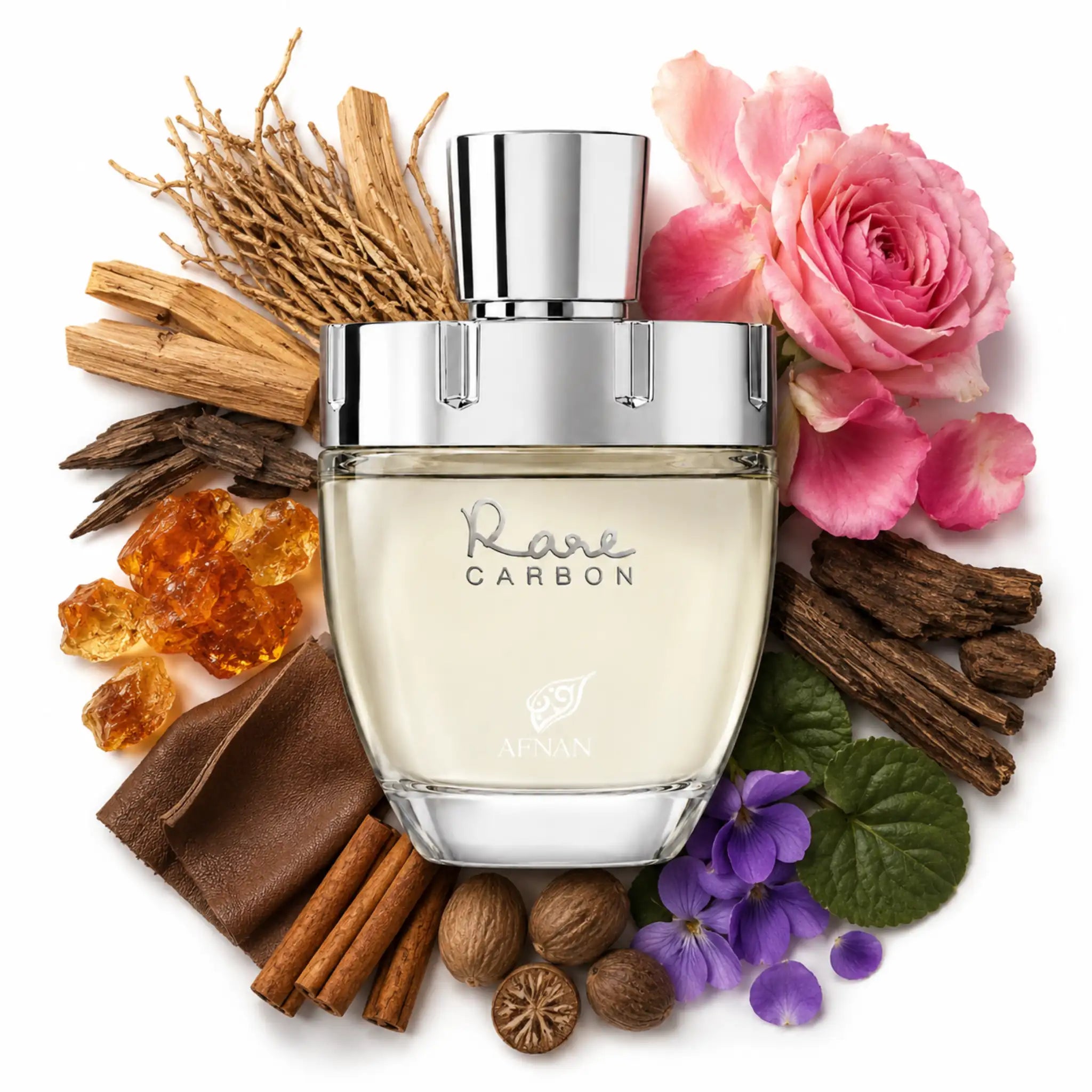 Rare Carbon Afnan Eau de Parfum Para Hombre con fondo de ingredientes