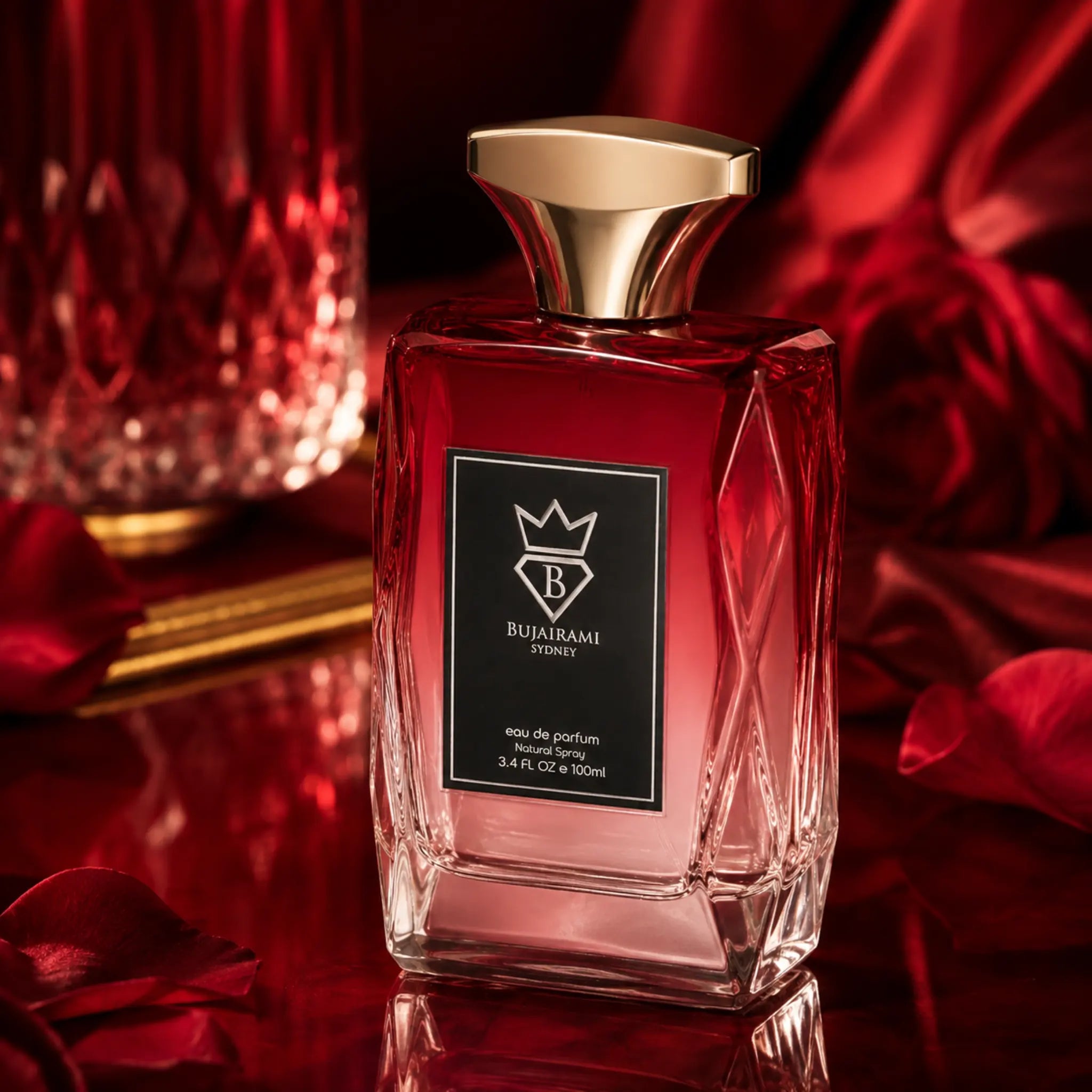 Red Static Bujairami Eau de Parfum con fondo rojo