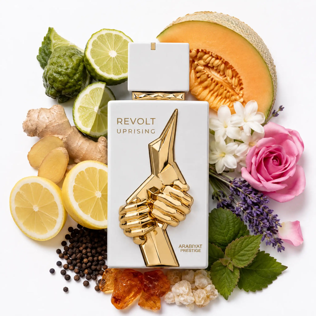 Ingredientes de fondo y botella de Revolt Uprising Arabiyat Prestige Eau de Parfum