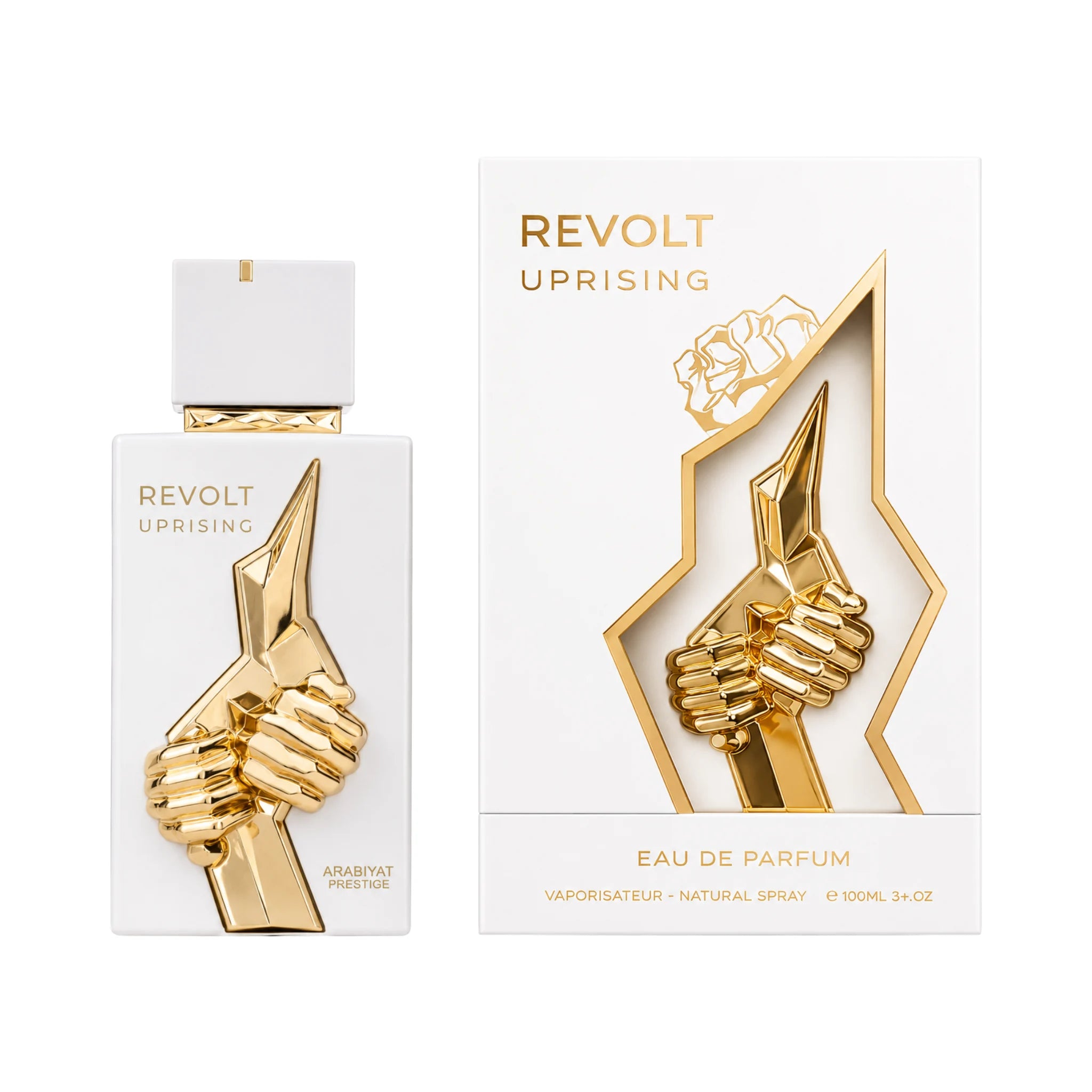 Caja y botella de Revolt Uprising Arabiyat Prestige Eau de Parfum