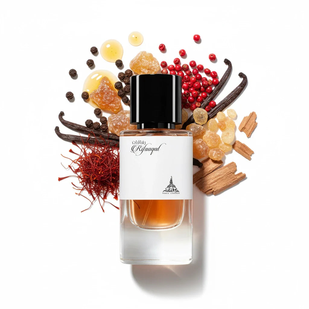 Rifaaqat Paris Corner Eau de Parfum Unisex con fondo de ingredientes