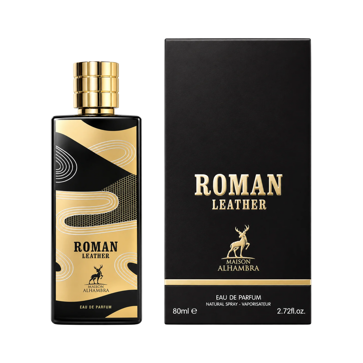 Frasco y caja del Roman Leather Maison Alhambra Eau de Parfum Unisex