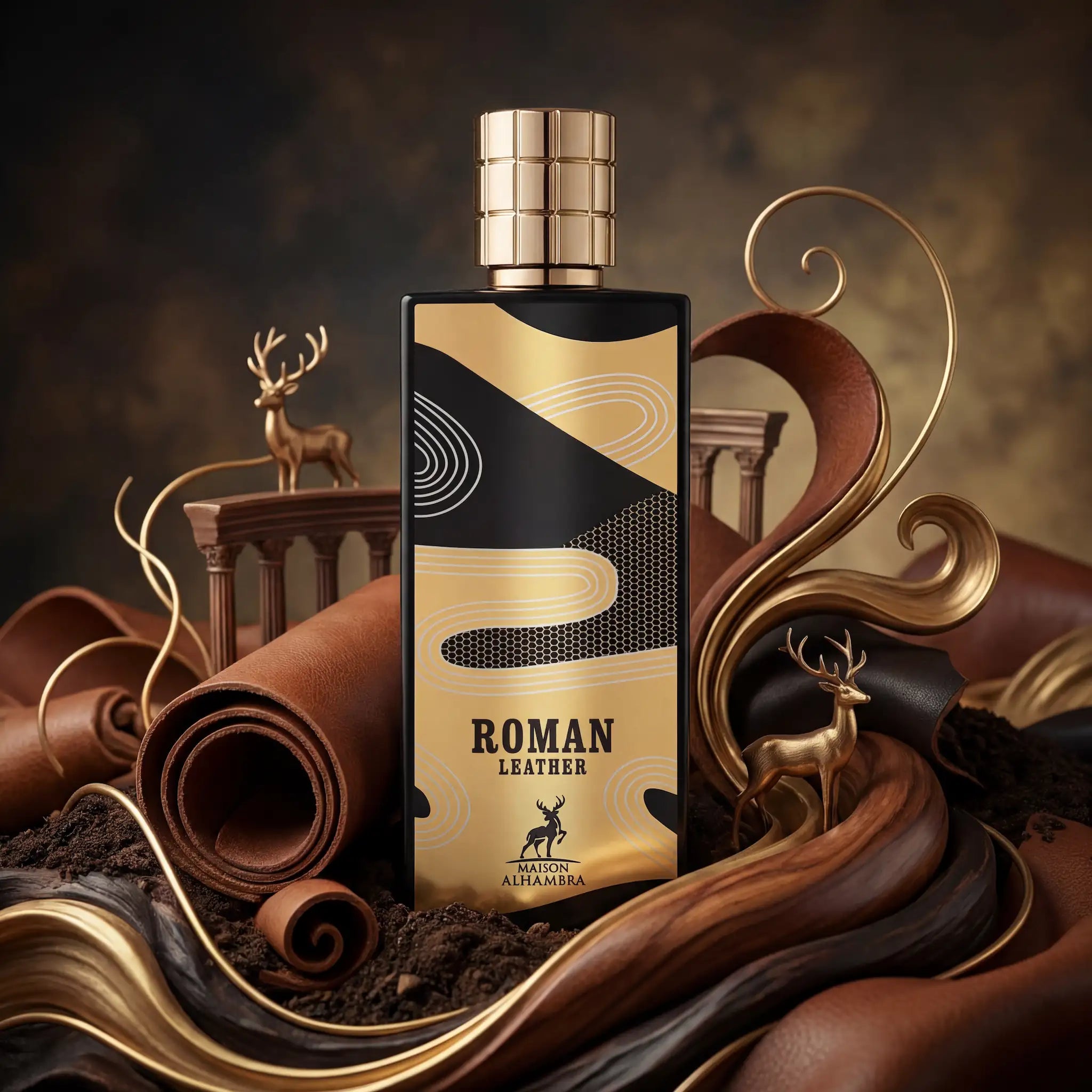 Roman Leather Maison Alhambra Eau de Parfum Unisex con fondo creativo marron y negro