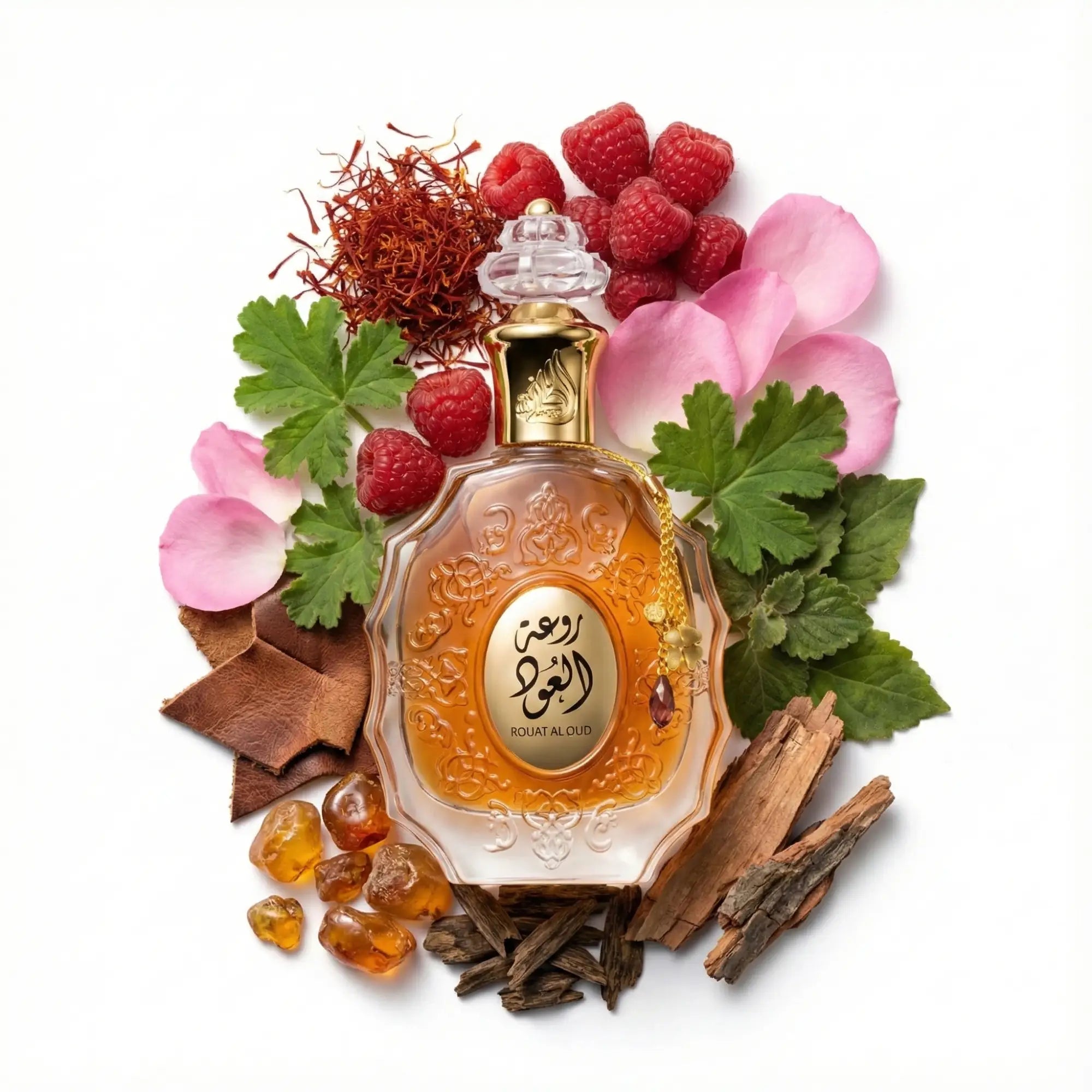 Rouat_Al_Oud_Lattafa_Eau_de_Parfum_Unisex_Fondo_Blanco_Azafran_Frambuesa_Rosa_Geranio
