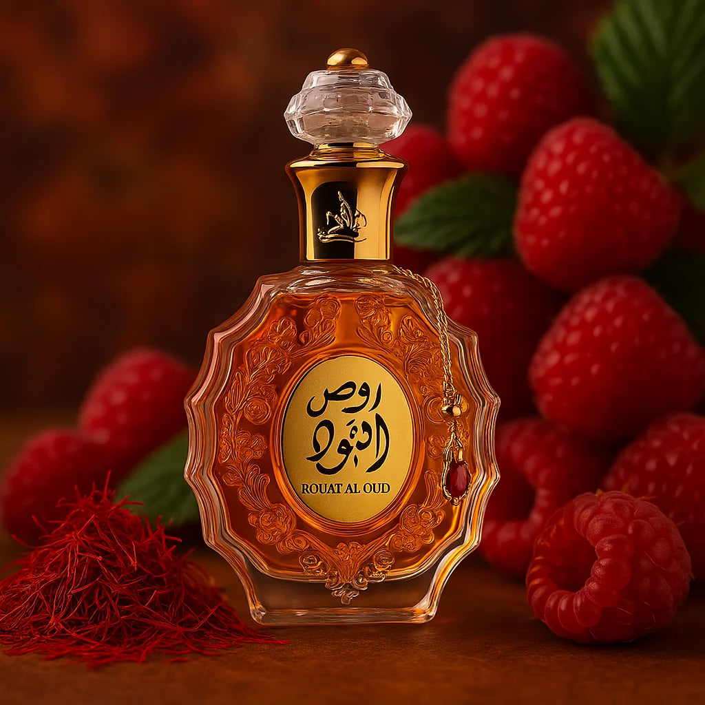 Rouat Al Oud Lattafa Eau de Parfum Unisex con fondo de frutas
