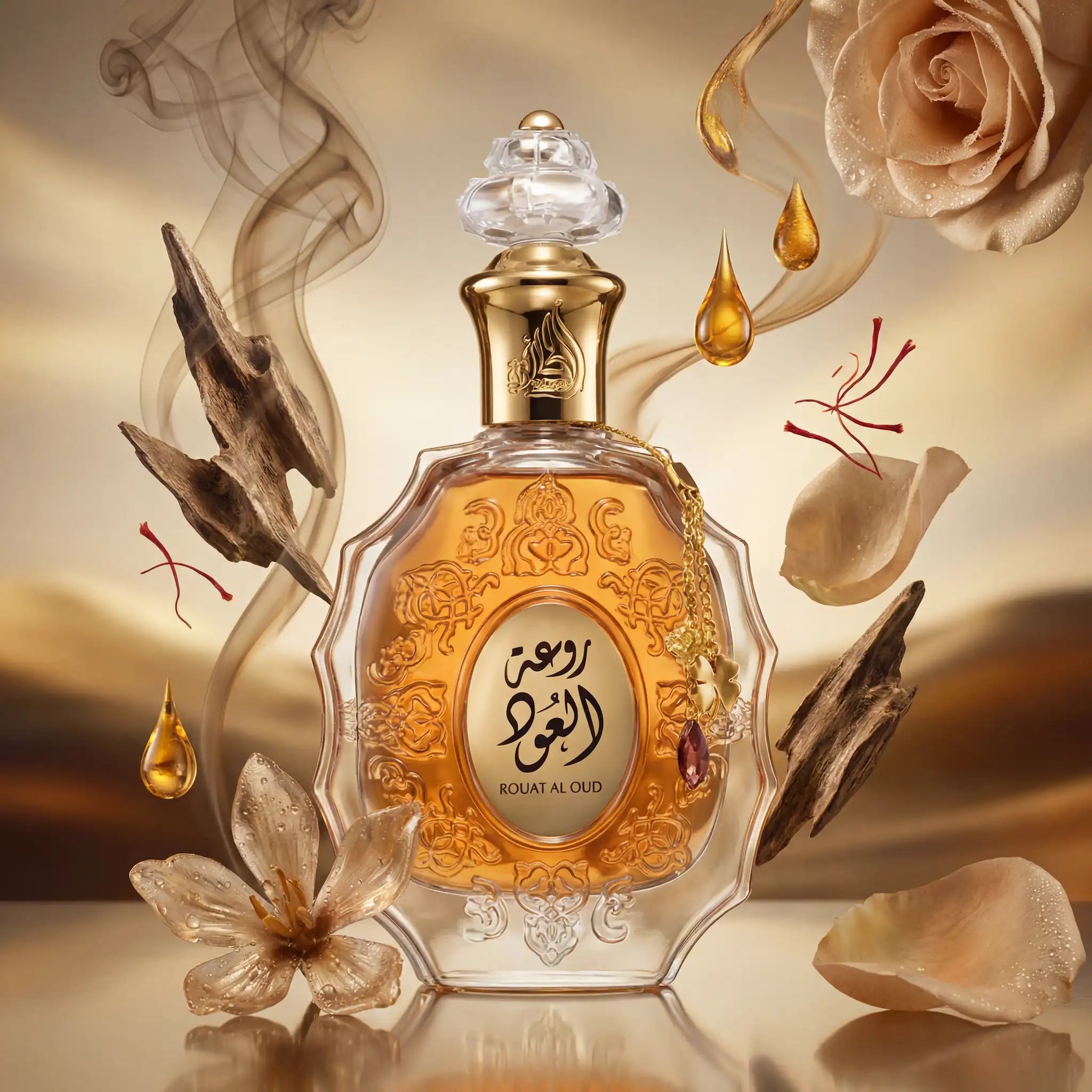 Rouat Al Oud Lattafa Eau de Parfum Unisex con fondo creativo de flores