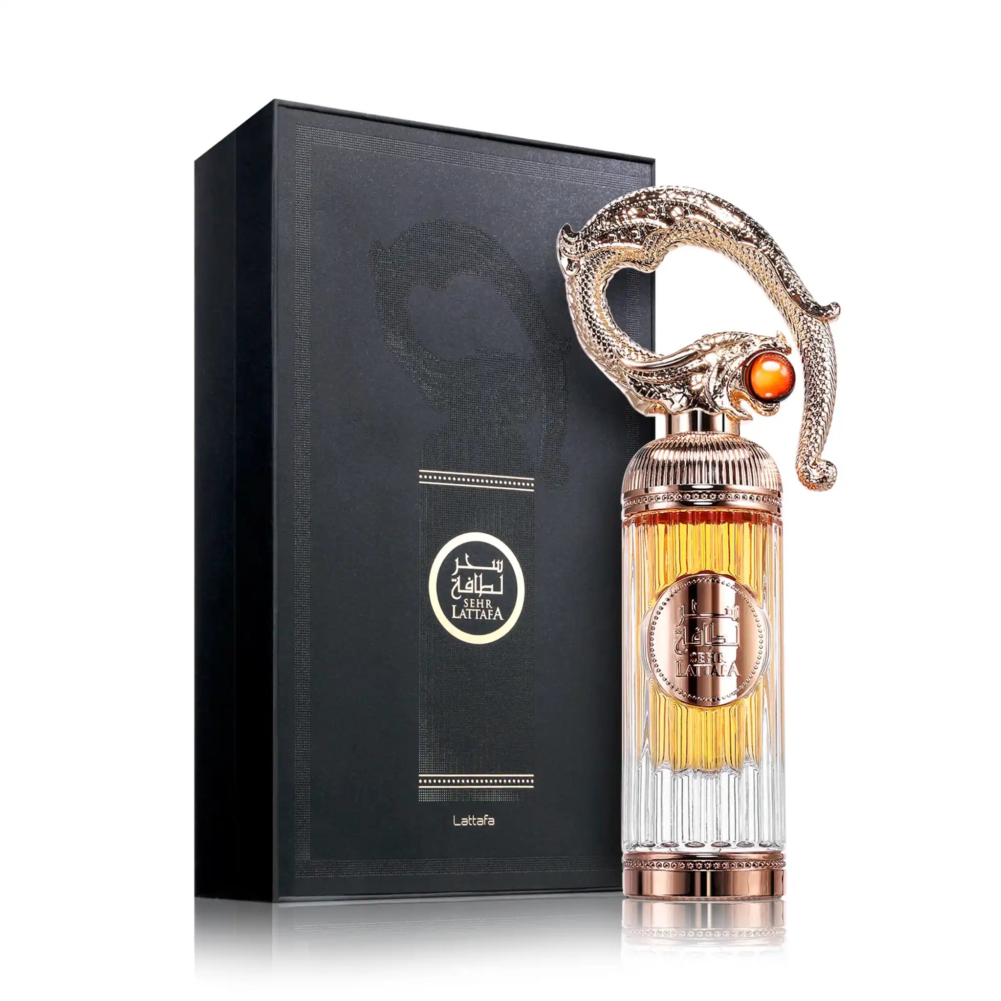 Frasco y caja de Sehr Lattafa Eau de Parfum Unisex