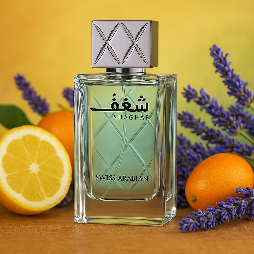 Shaghaf Men Swiss Arabian Eau de Parfum Para Hombre con fondo de frutas