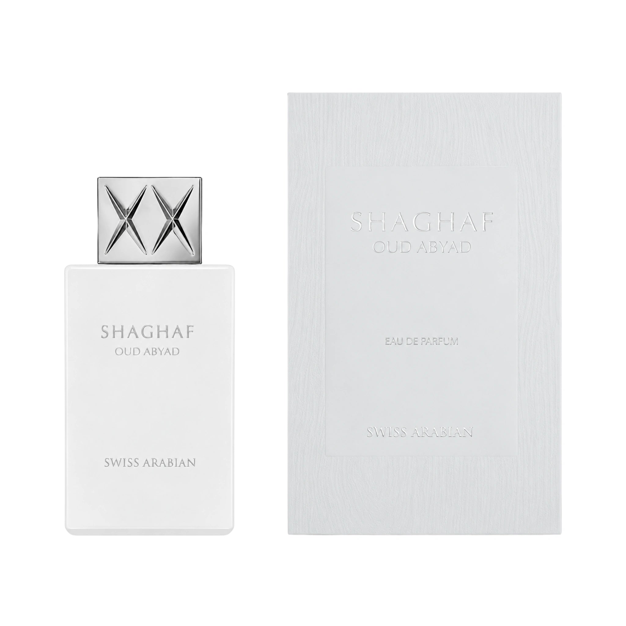 Frontal del Shaghaf Oud Abyad Swiss Arabian Eau de Parfum Unisex con su caja