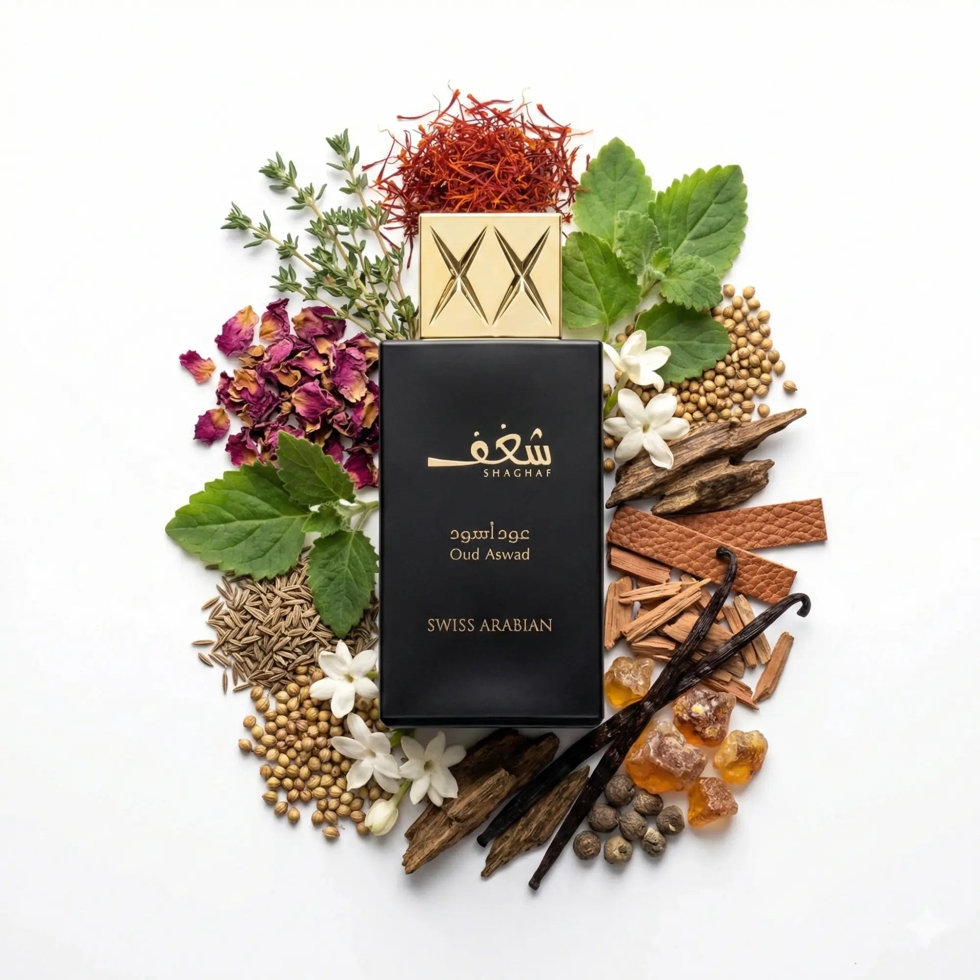 Shaghaf_Oud_Aswad_Swiss_Arabian_Eau_de_Parfum_Unisex_Fondo_Blanco_Tomillo_Comino