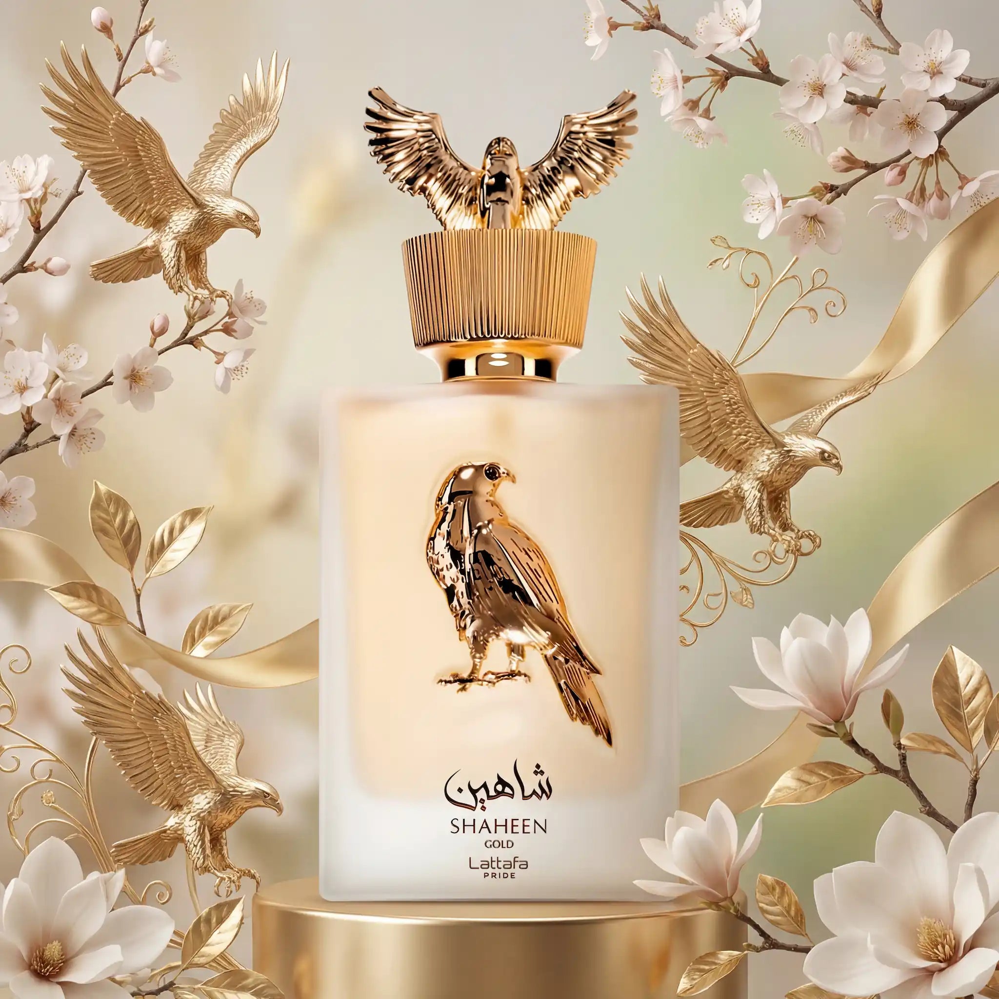 Shaheen Gold Lattafa Eau de Parfum Unisex con fondo creativo de águila